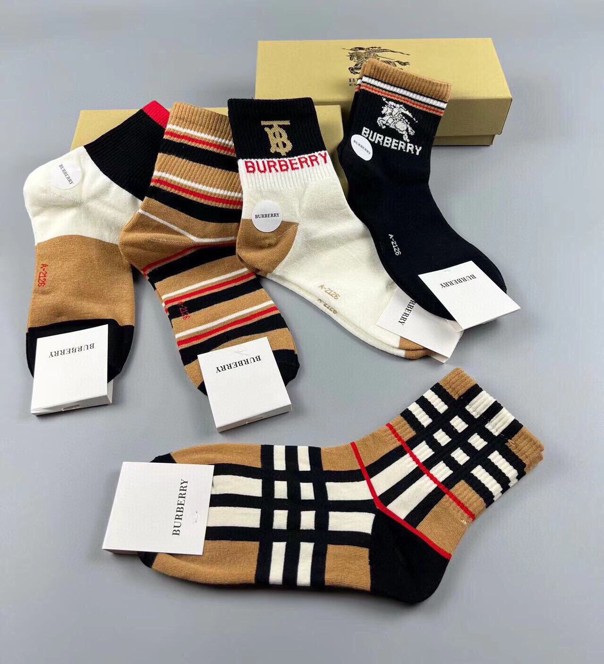 Burberry Neutral Cream Black Check Pattern Crew Socks, image 6