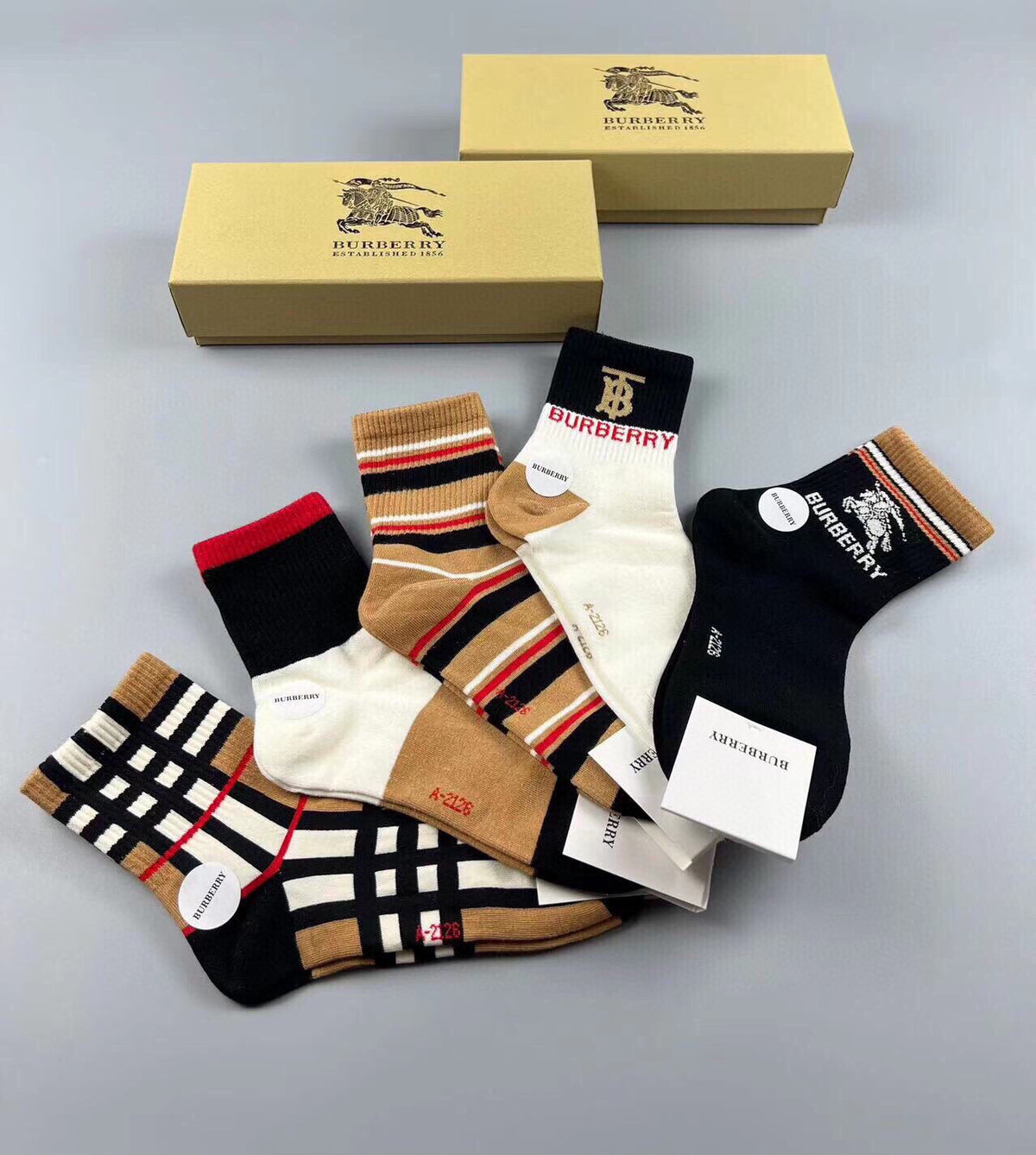 Burberry Neutral Cream Black Check Pattern Crew Socks, image 8