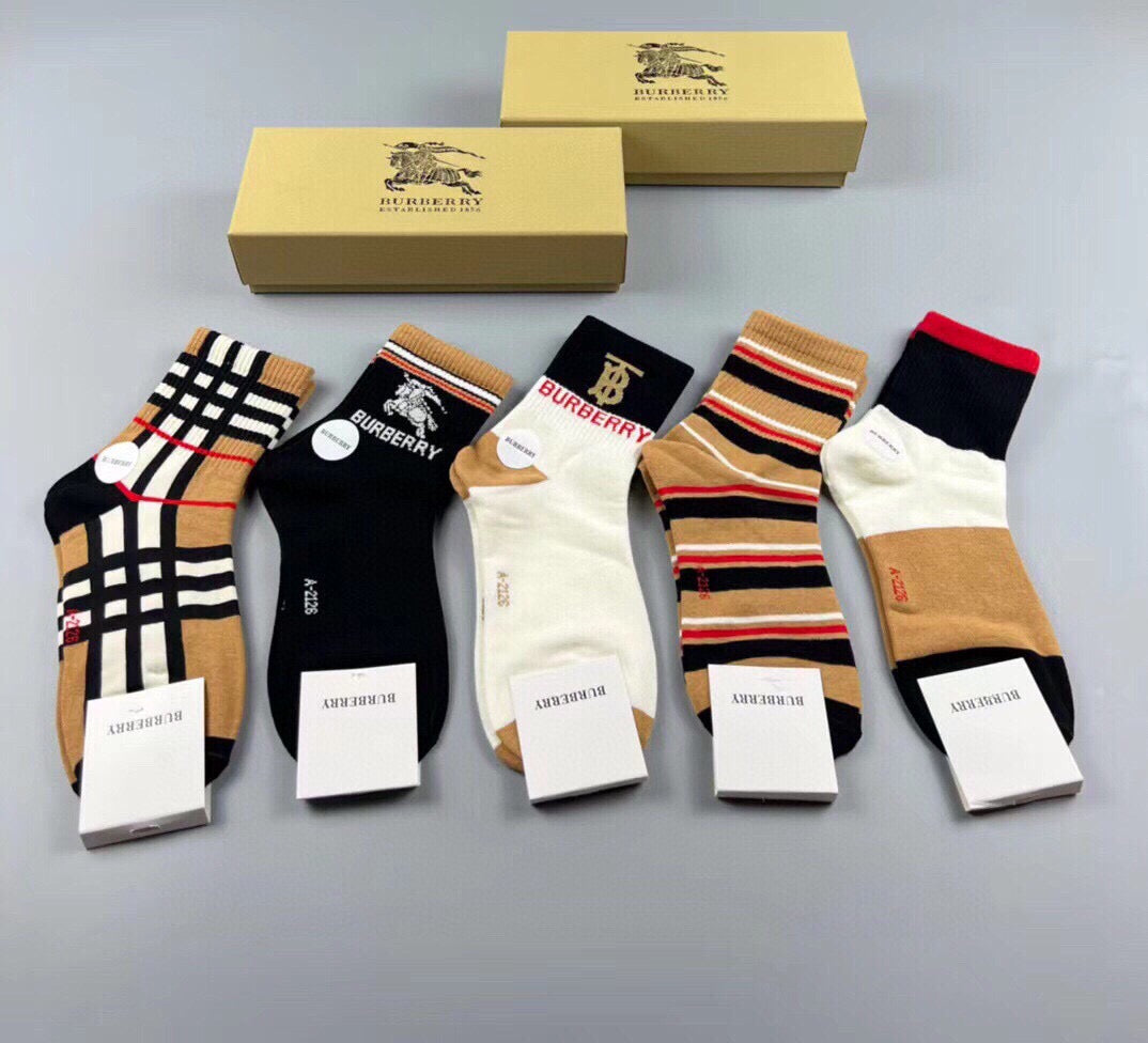 Burberry Neutral Cream Black Check Pattern Crew Socks, image 3
