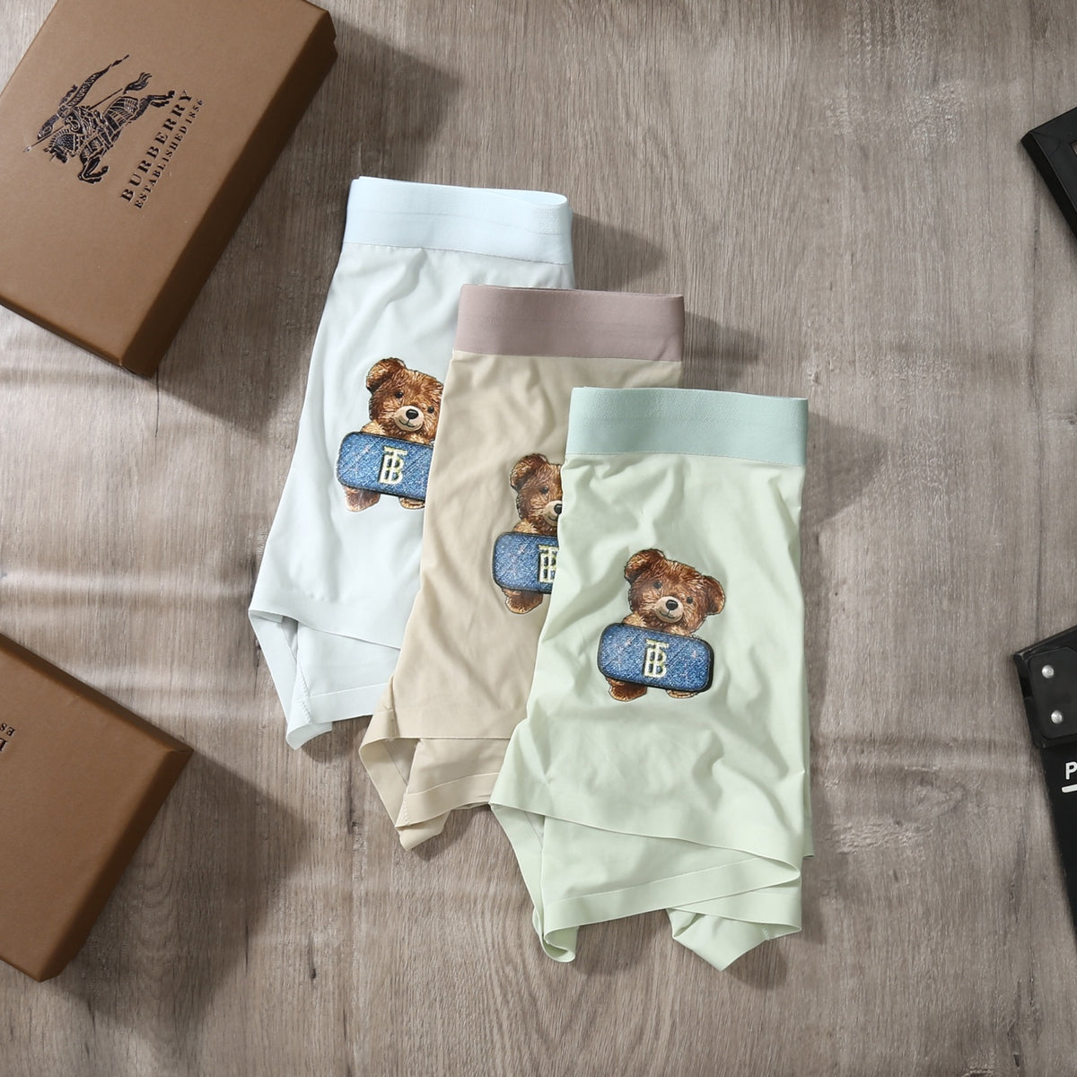 Burberry Beige Mint Grey Small Cartoon Bear Boxer Briefs, image 5
