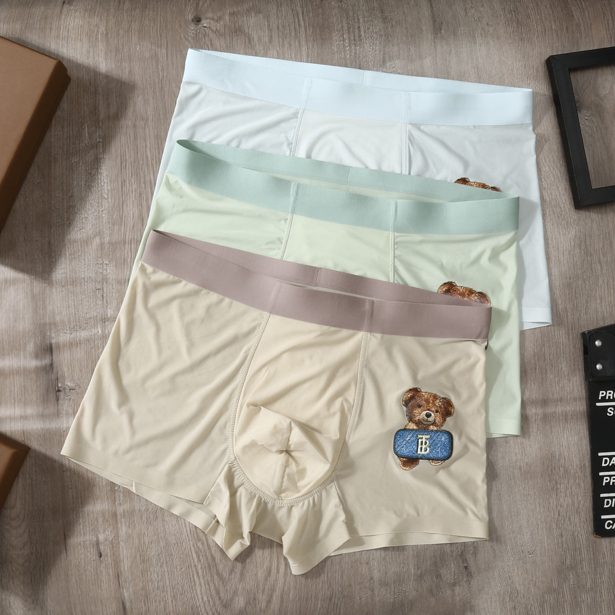 Burberry Beige Mint Grey Small Cartoon Bear Boxer Briefs, image 1