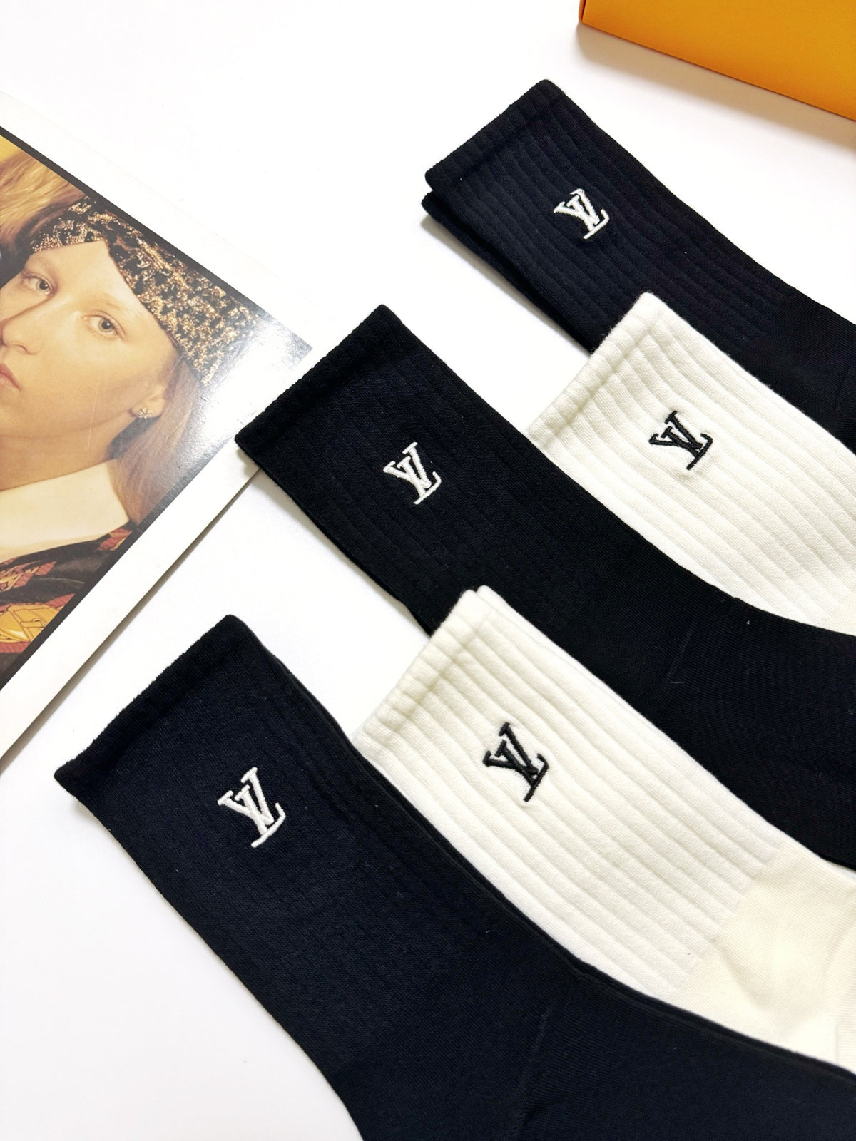 Louis Vuitton Black Cream Tall Small Cuff Monograms Crew Socks, image 9
