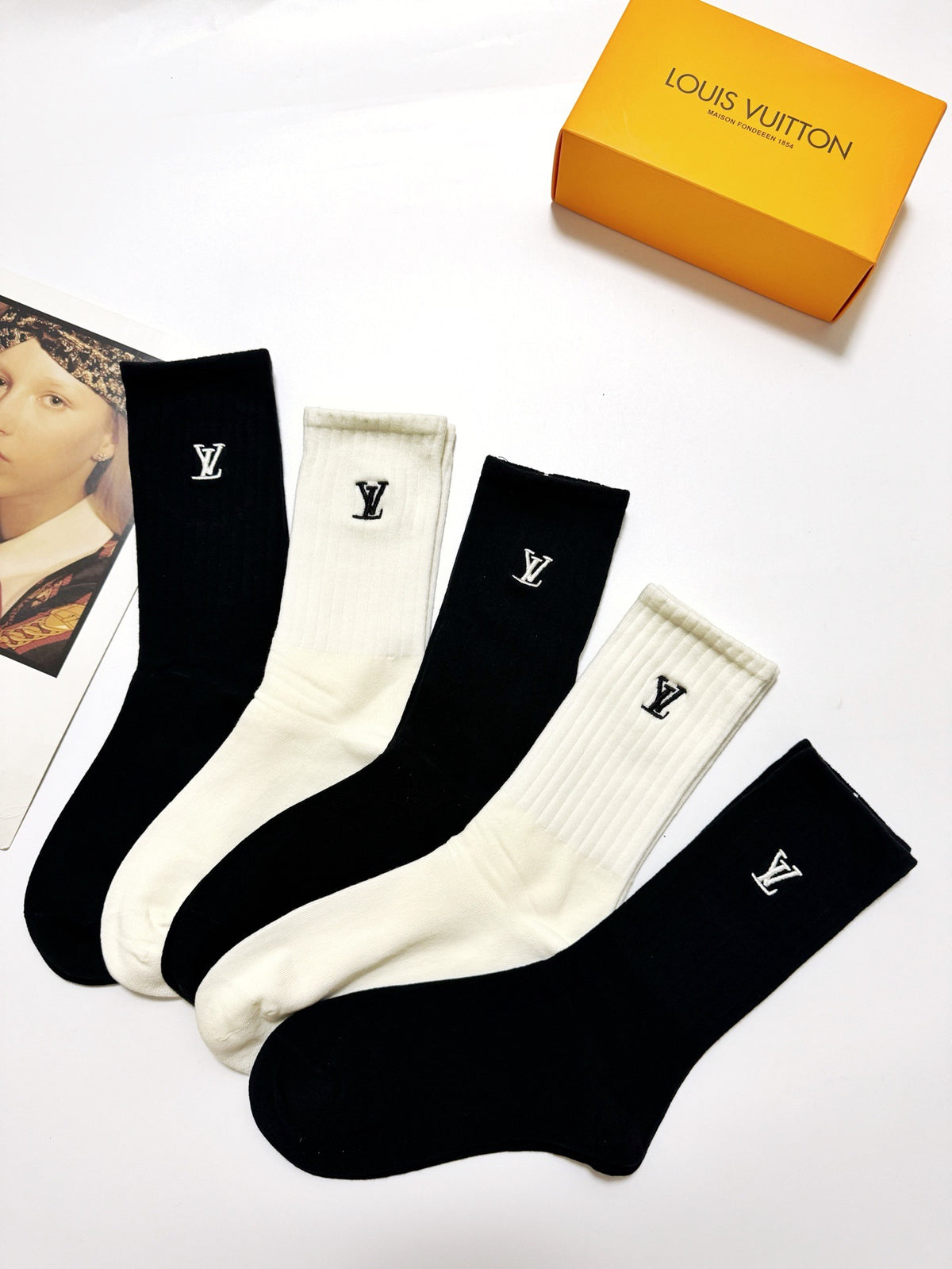 Louis Vuitton Black Cream Tall Small Cuff Monograms Crew Socks, image 4