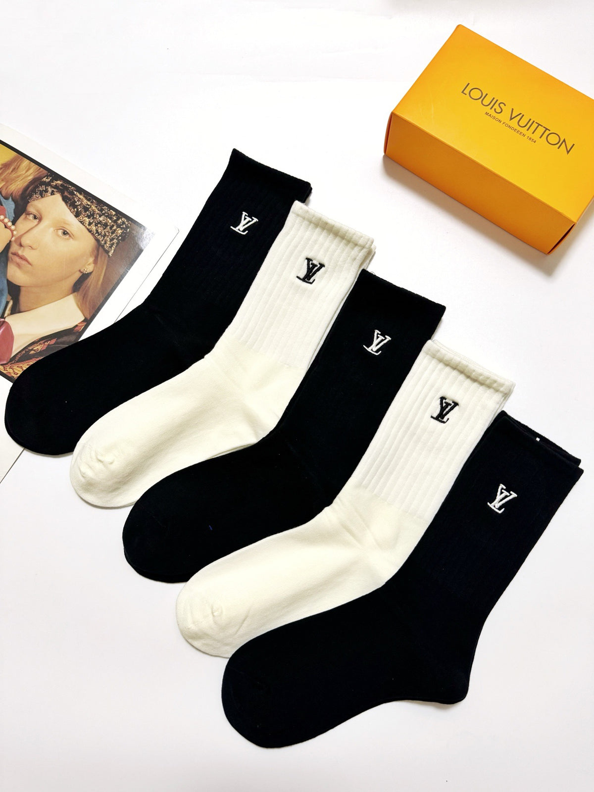 Louis Vuitton Black Cream Tall Small Cuff Monograms Crew Socks, image 2