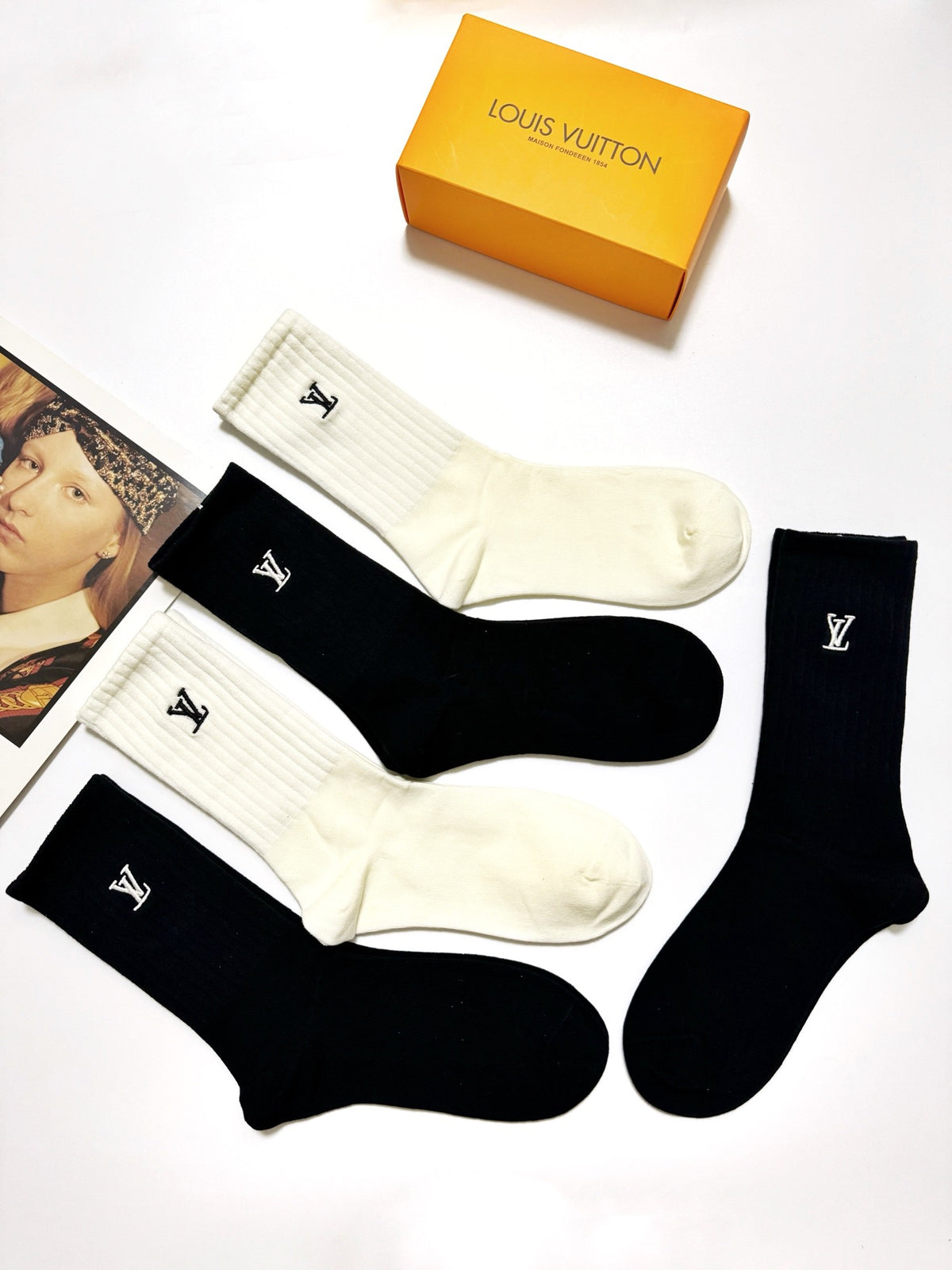 Louis Vuitton Black Cream Tall Small Cuff Monograms Crew Socks, image 7