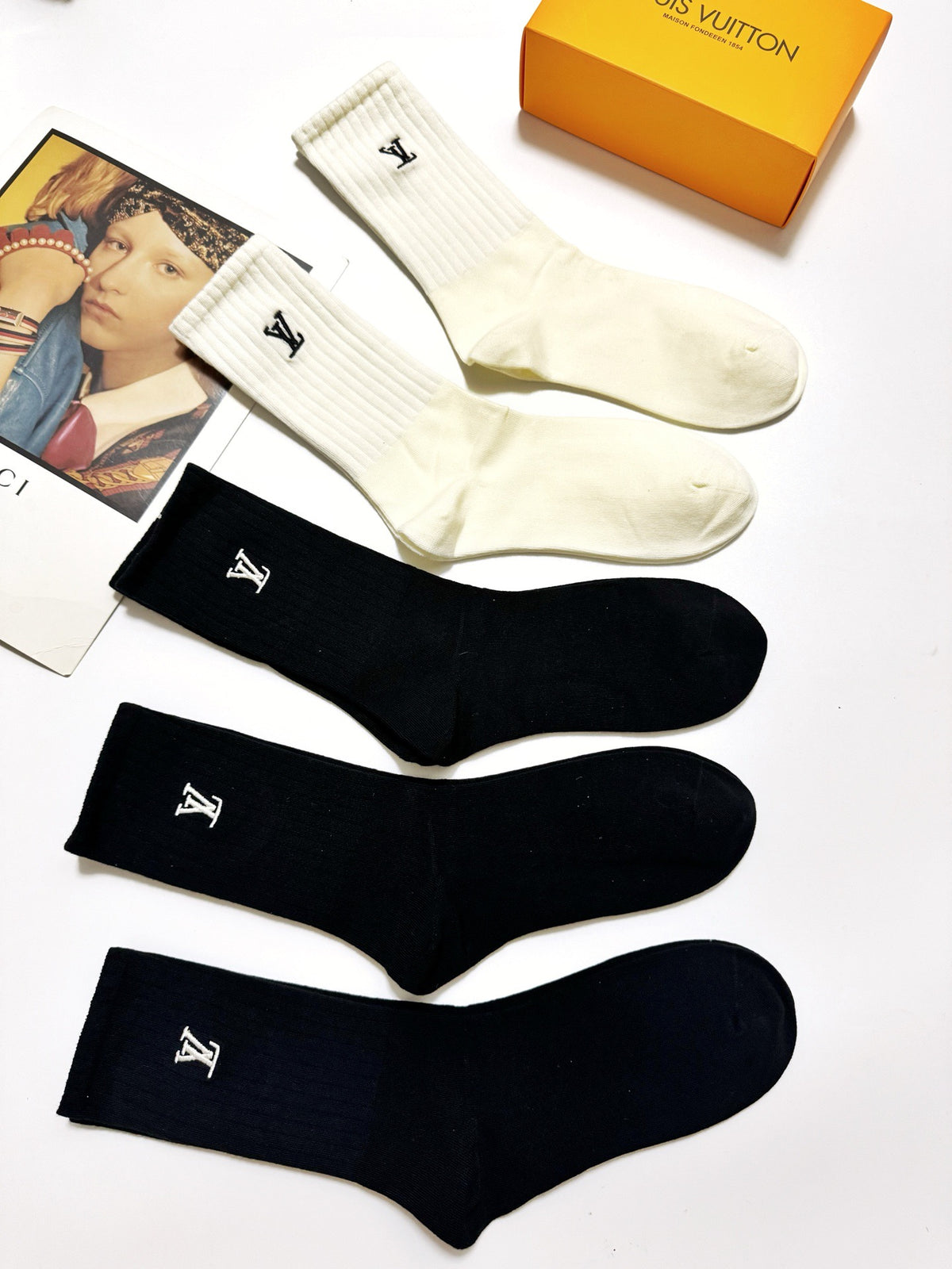 Louis Vuitton Black Cream Tall Small Cuff Monograms Crew Socks, image 6