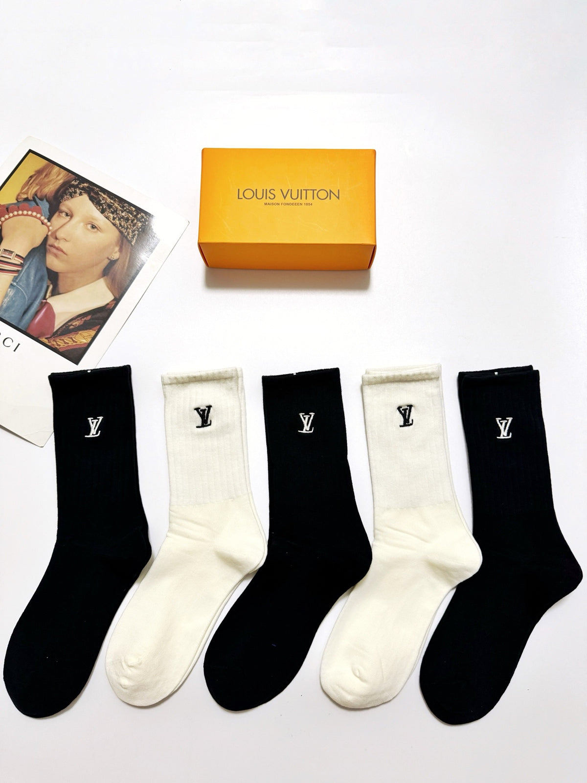 Louis Vuitton Black Cream Tall Small Cuff Monograms Crew Socks, image 1