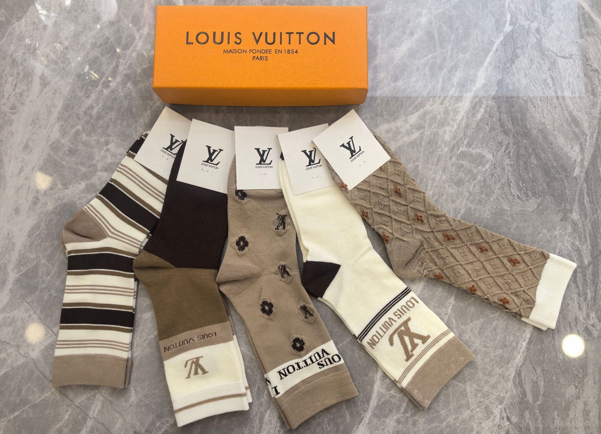 Louis Vuitton Grey Cream Brown Broad Cuff Letters Crew Socks, image 4