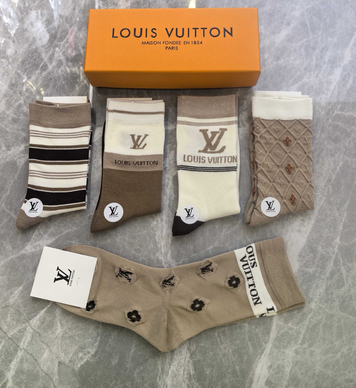 Louis Vuitton Grey Cream Brown Broad Cuff Letters Crew Socks, image 5