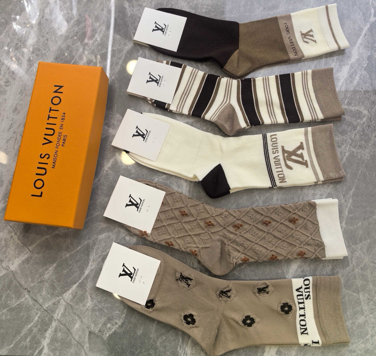 Louis Vuitton Grey Cream Brown Broad Cuff Letters Crew Socks, image 2