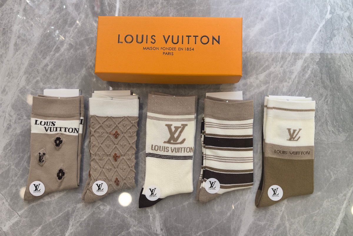 Louis Vuitton Grey Cream Brown Broad Cuff Letters Crew Socks, image 3