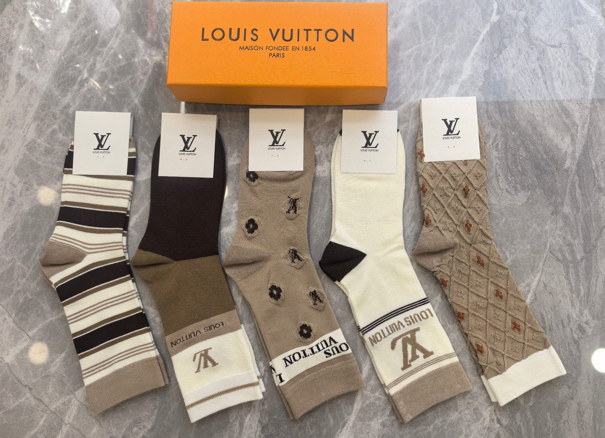 Louis Vuitton Grey Cream Brown Broad Cuff Letters Crew Socks, image 6