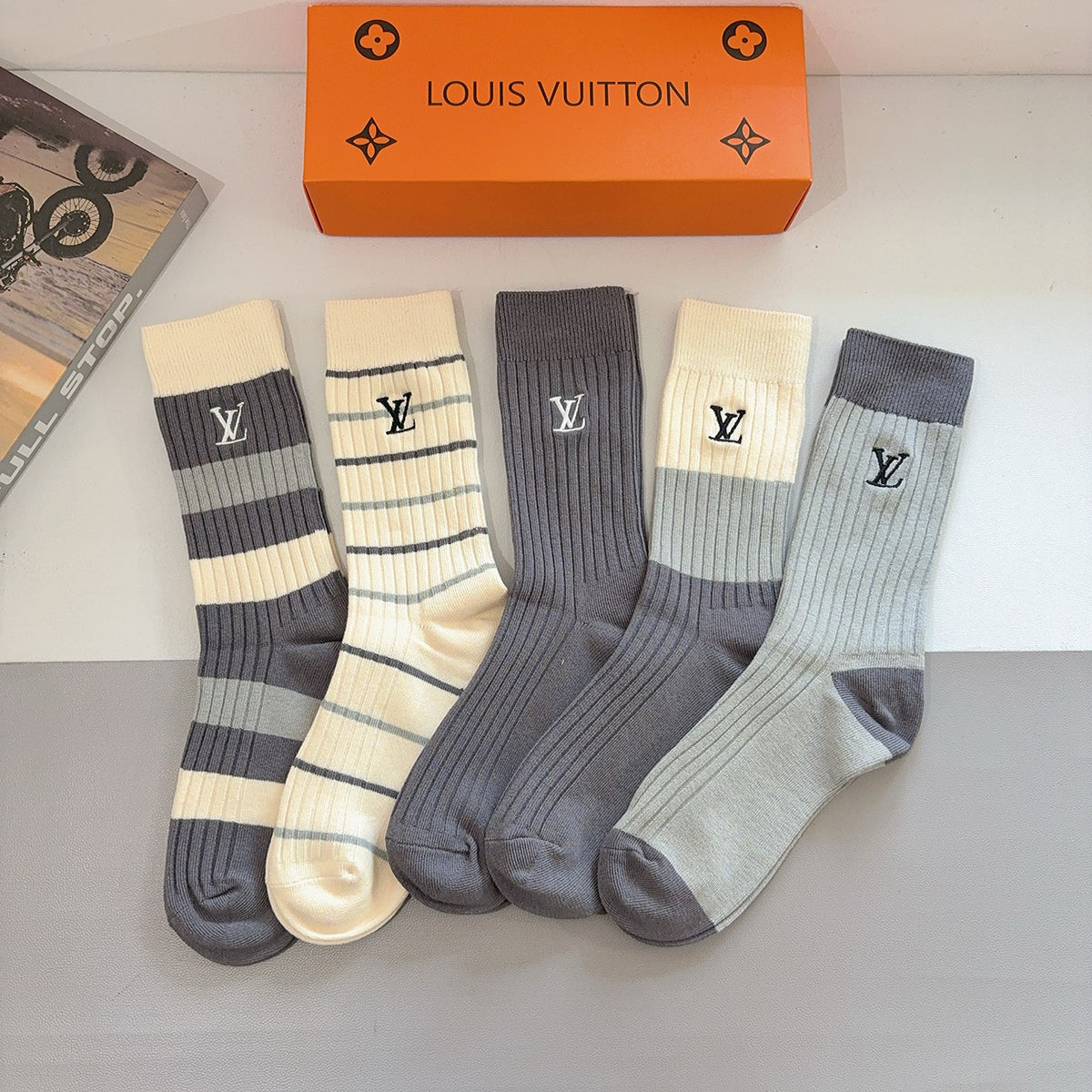 Louis Vuitton Neutral Broad Stripe Cuffs Crew Socks, image 1