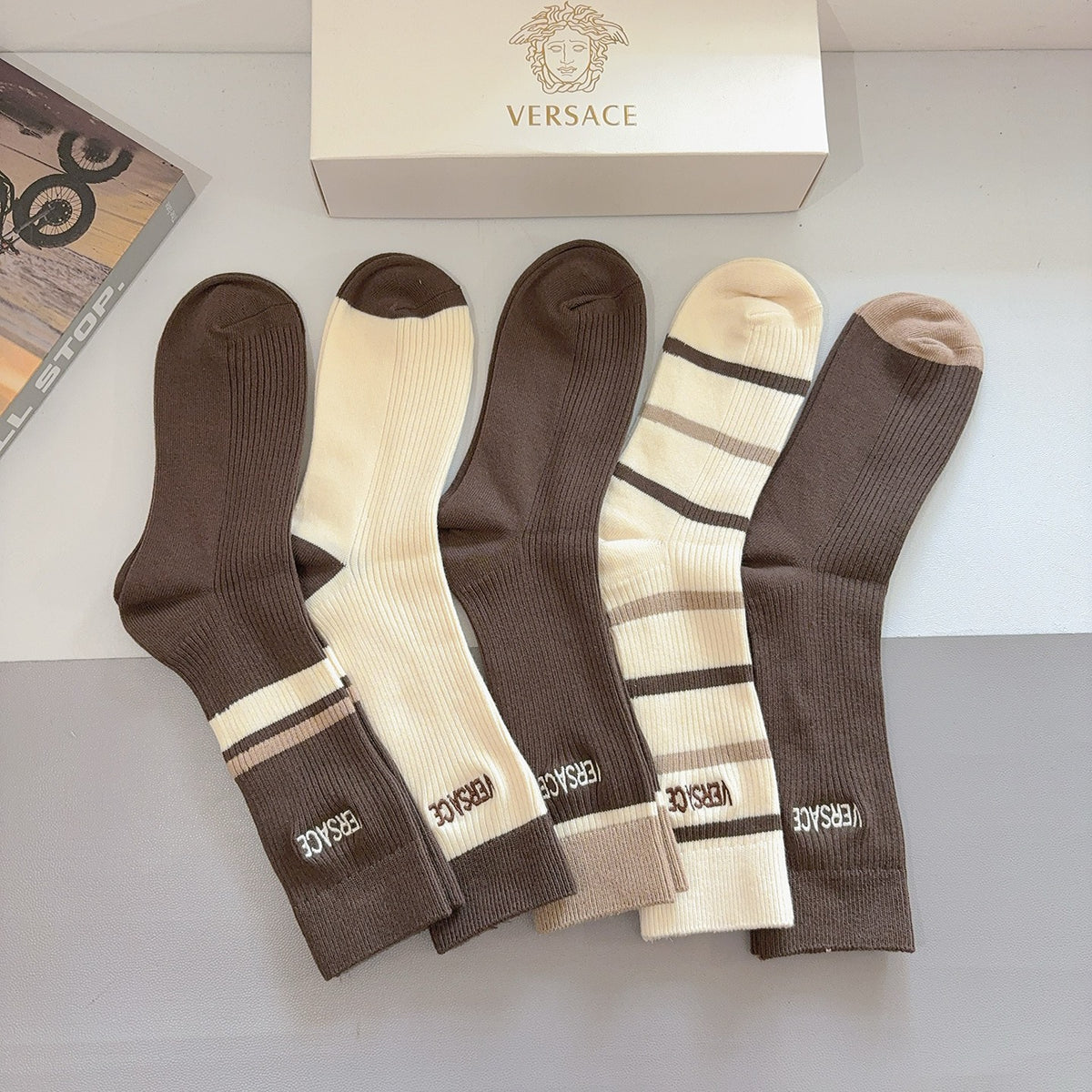 Versace Earthy Cream Broad Stripes Crew Socks, image 4