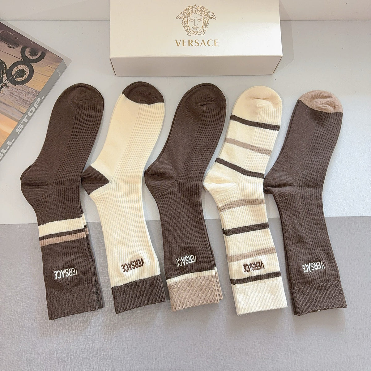 Versace Earthy Cream Broad Stripes Crew Socks, image 3