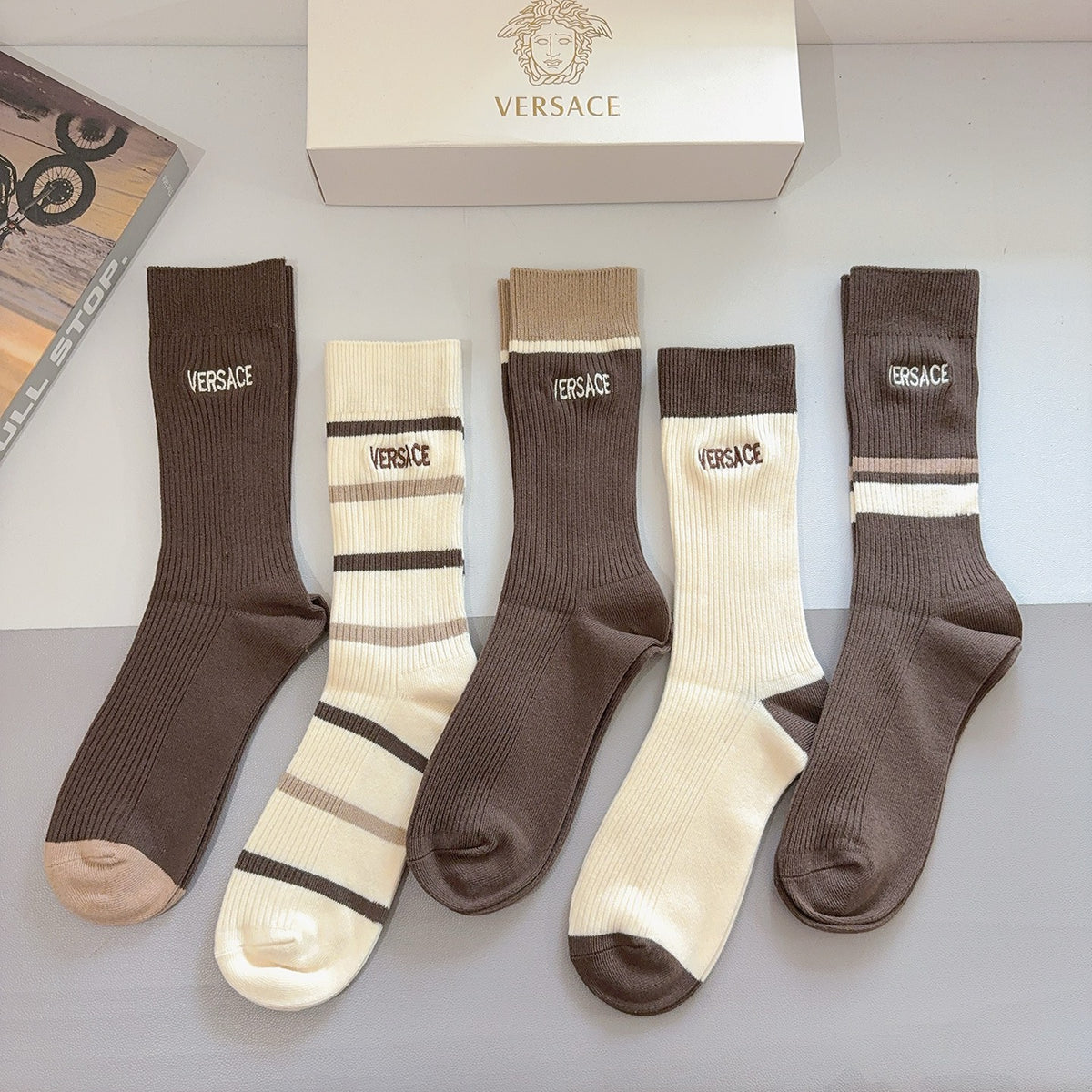 Versace Earthy Cream Broad Stripes Crew Socks, image 6