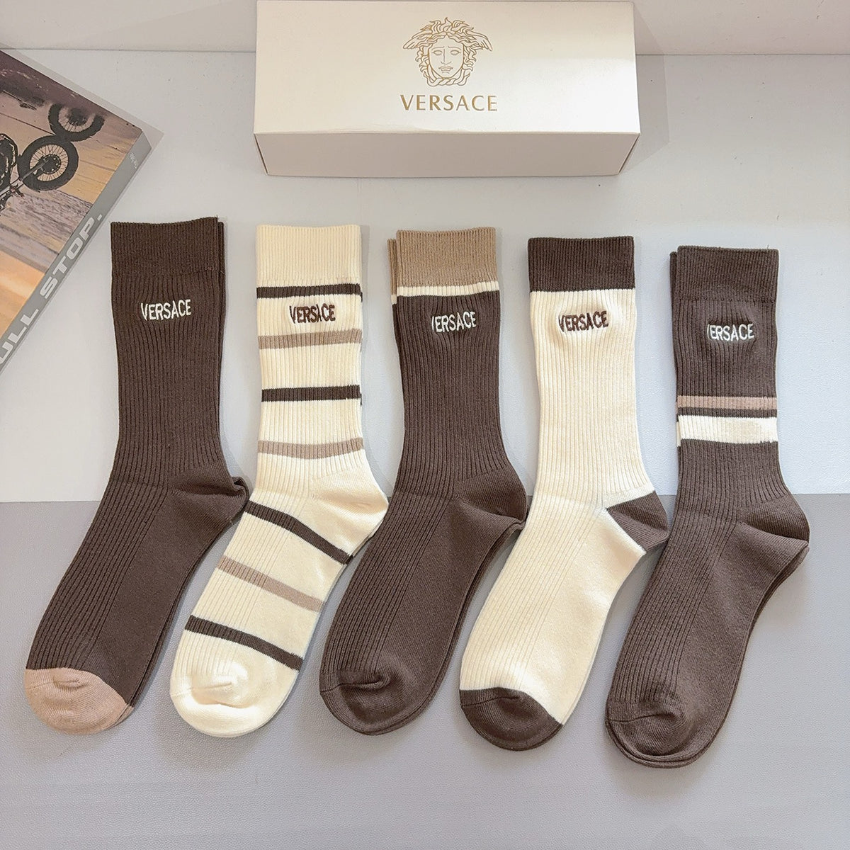 Versace Earthy Cream Broad Stripes Crew Socks, image 2