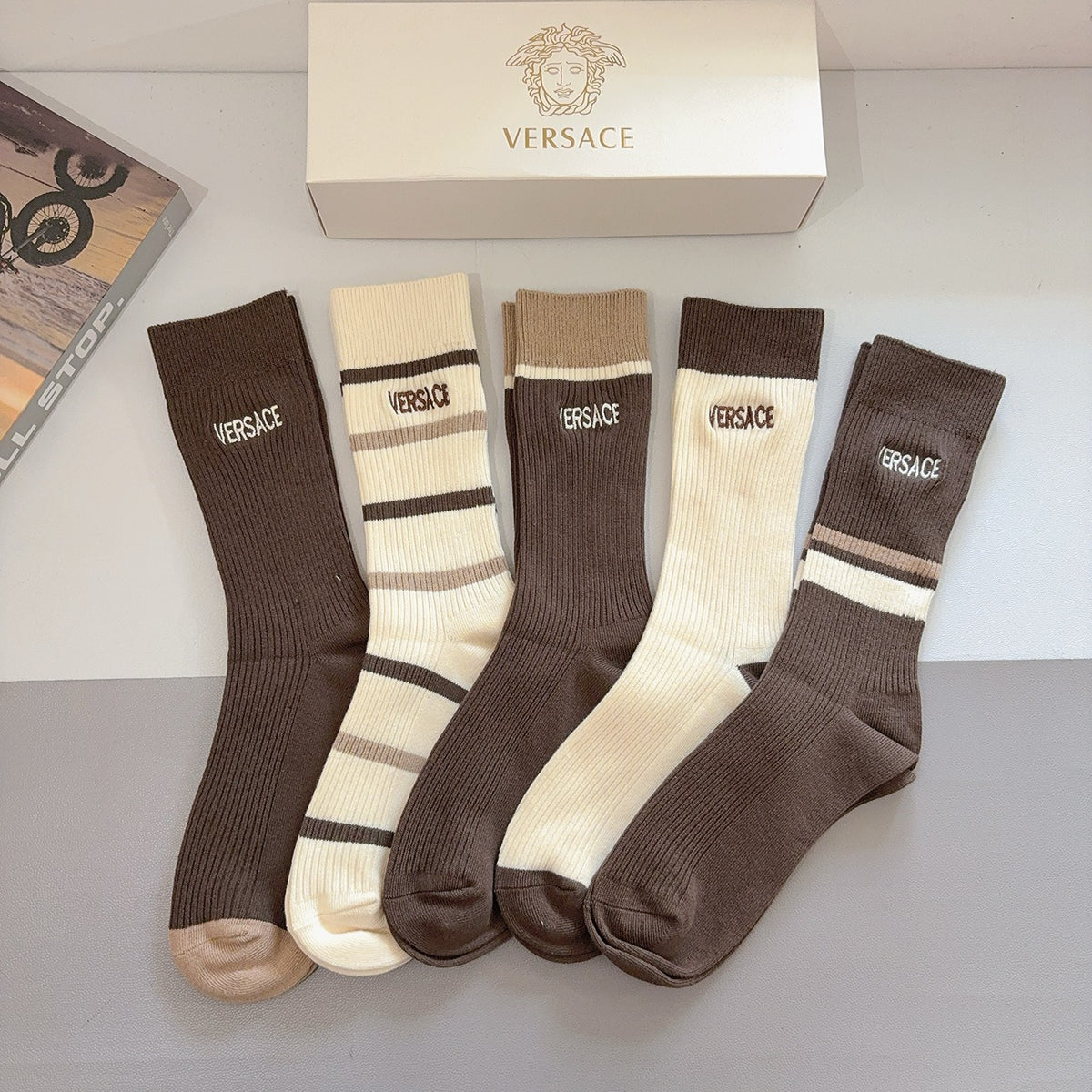 Versace Earthy Cream Broad Stripes Crew Socks, image 1