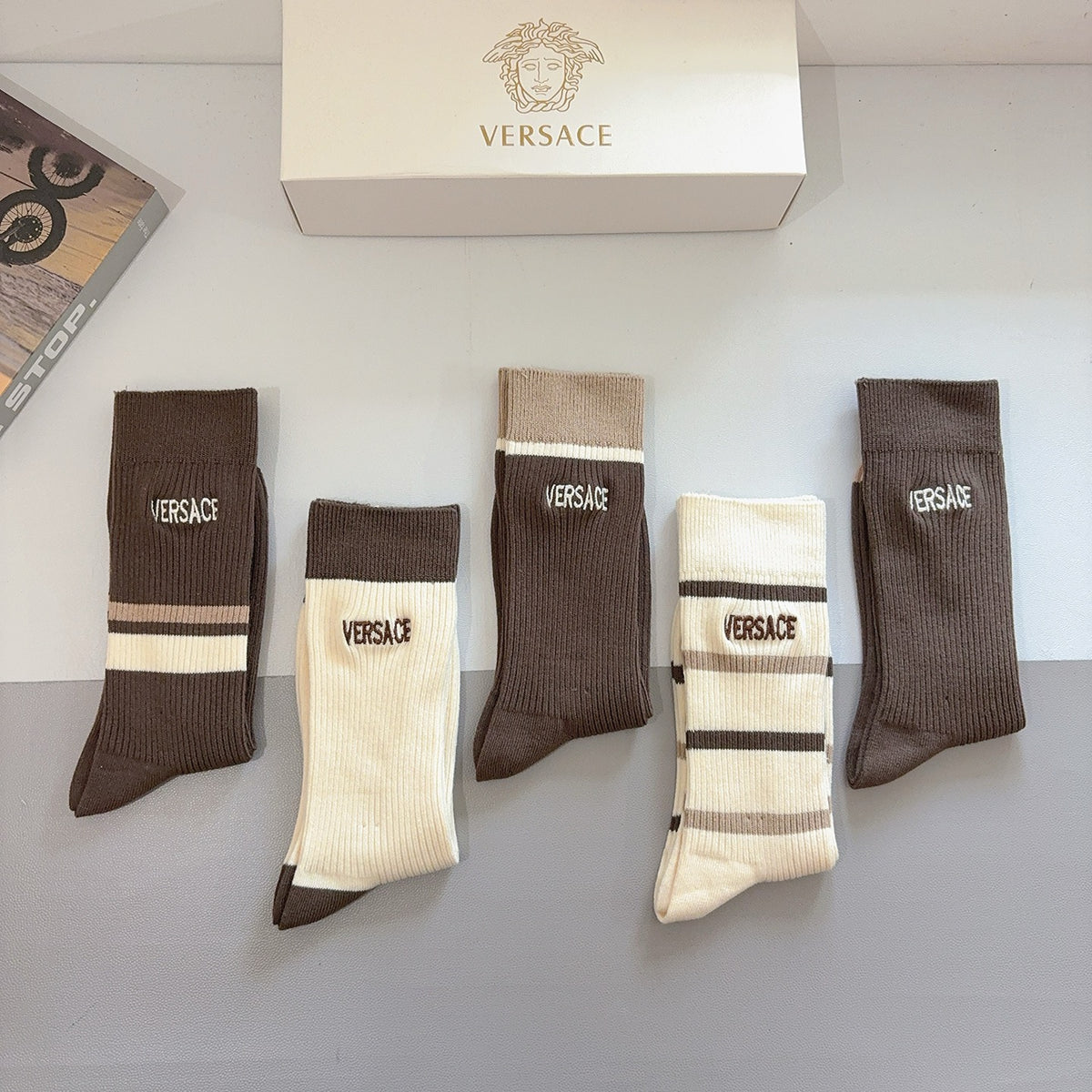 Versace Earthy Cream Broad Stripes Crew Socks, image 9