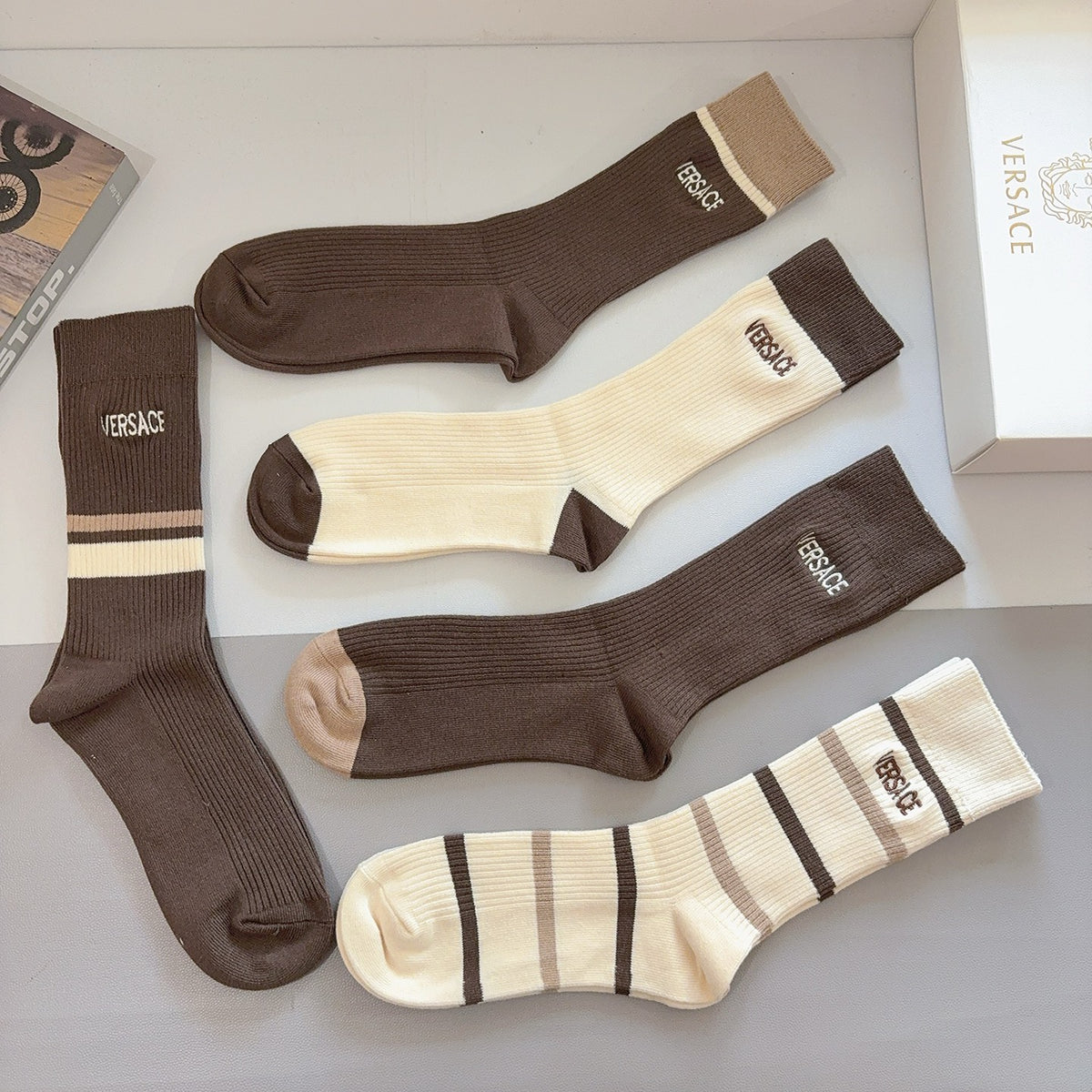 Versace Earthy Cream Broad Stripes Crew Socks, image 8