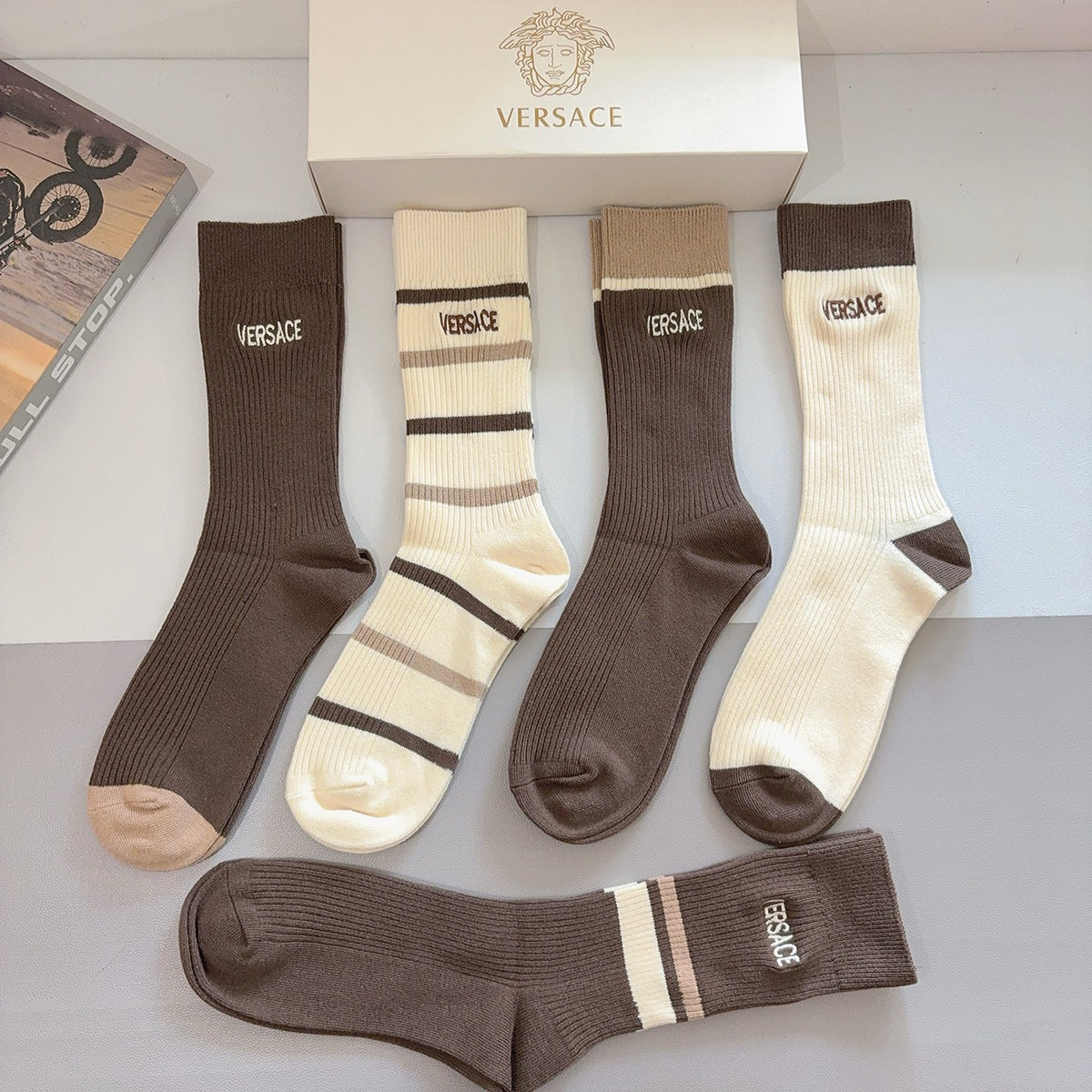 Versace Earthy Cream Broad Stripes Crew Socks, image 5