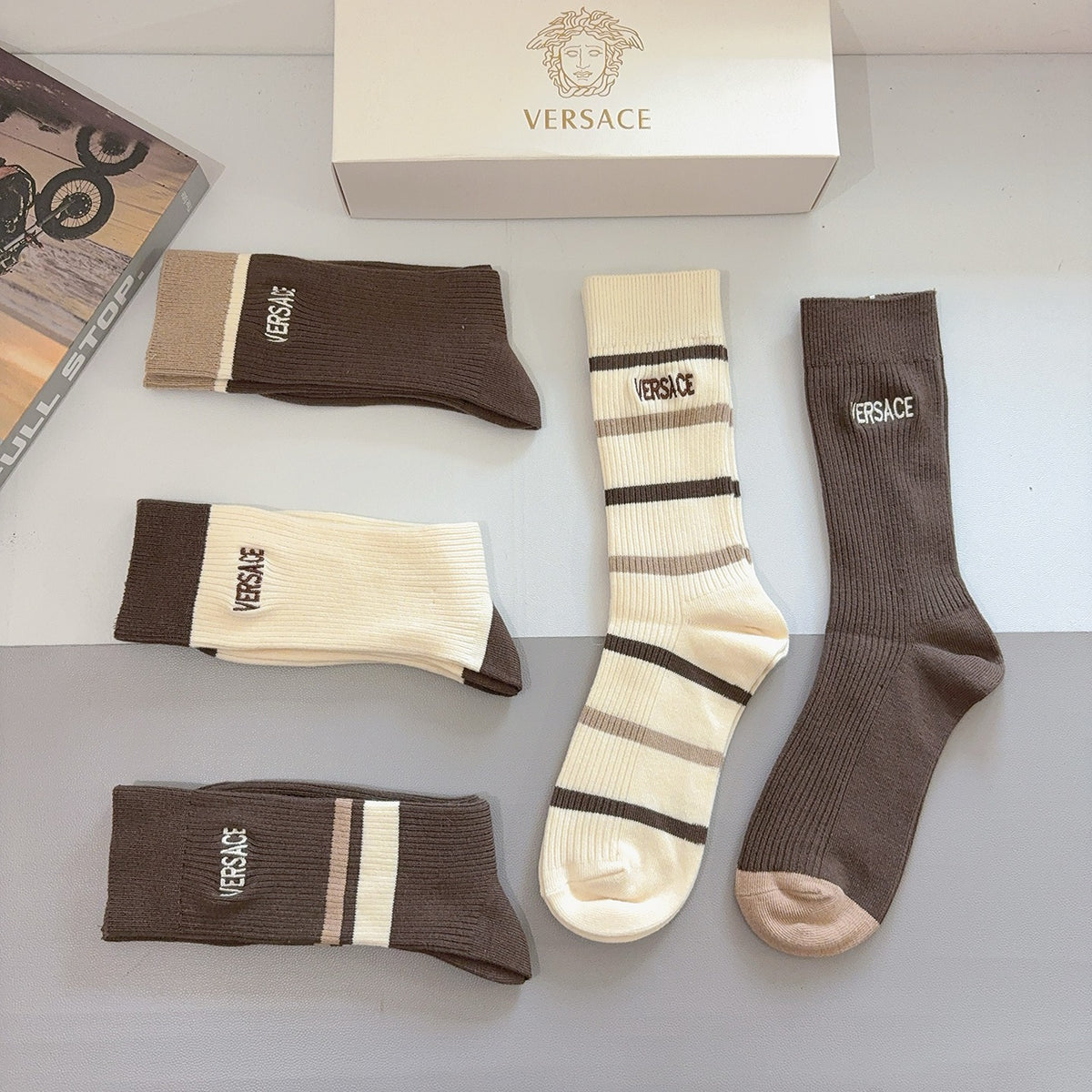 Versace Earthy Cream Broad Stripes Crew Socks, image 7