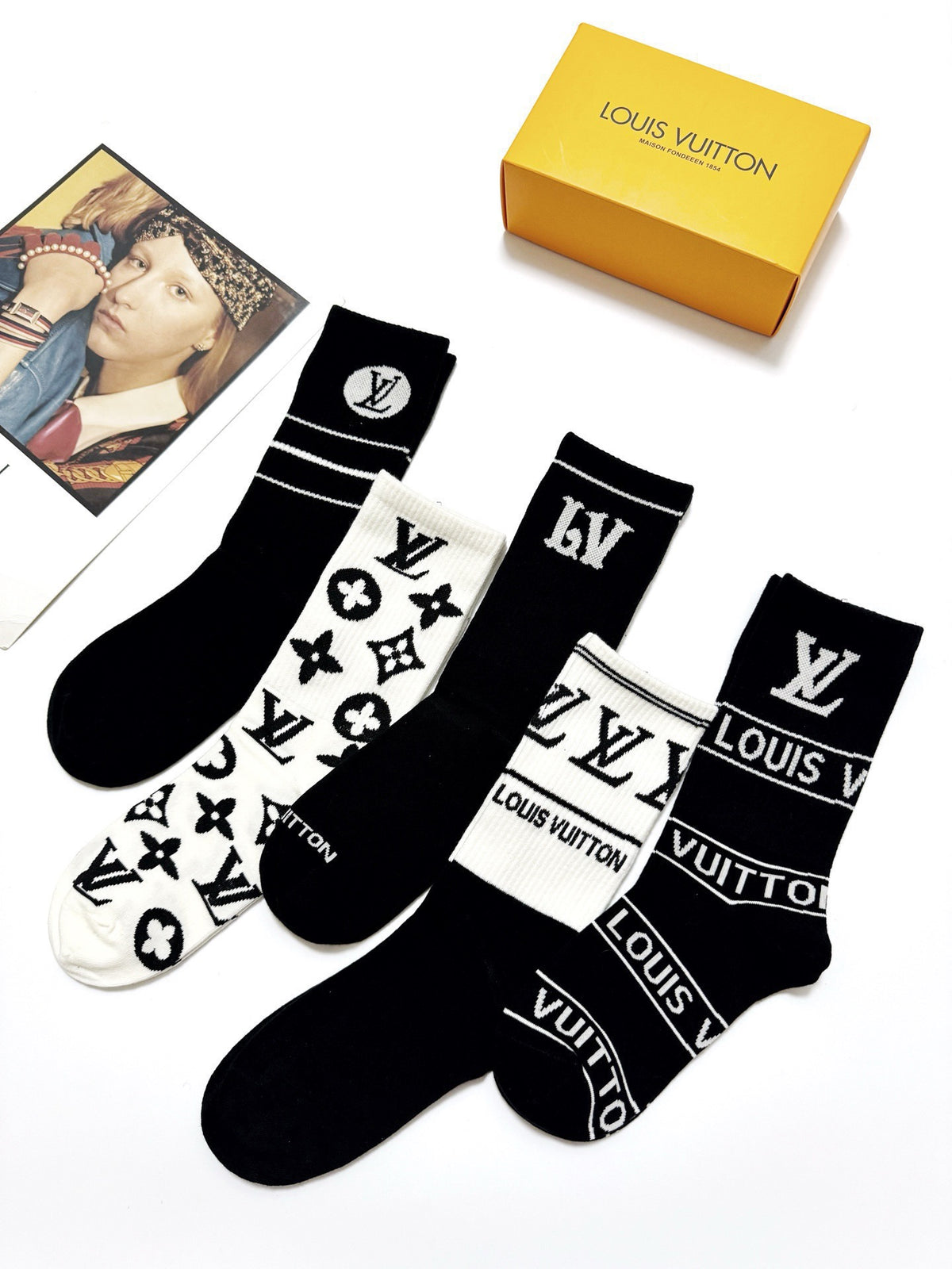 Louis Vuitton Black White Bold Mixed Wordmarks Crew Socks, image 5