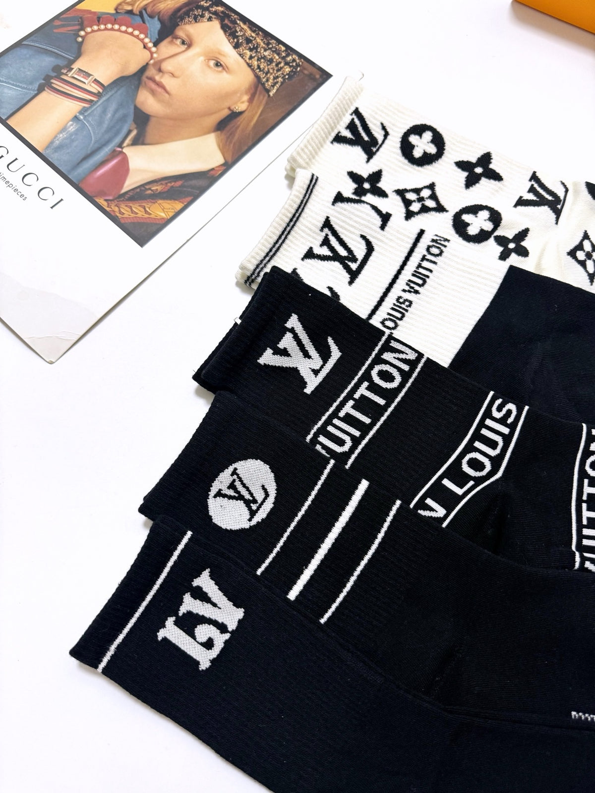 Louis Vuitton Black White Bold Mixed Wordmarks Crew Socks, image 8