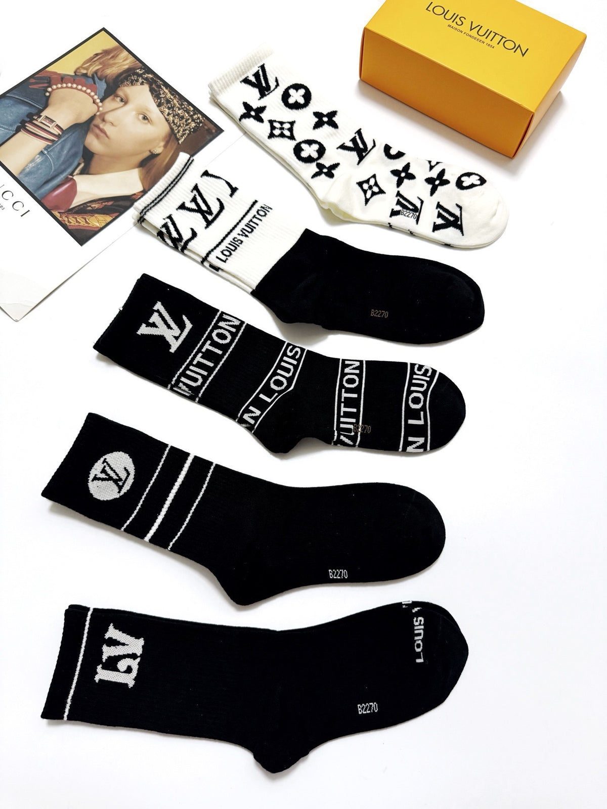 Louis Vuitton Black White Bold Mixed Wordmarks Crew Socks, image 7