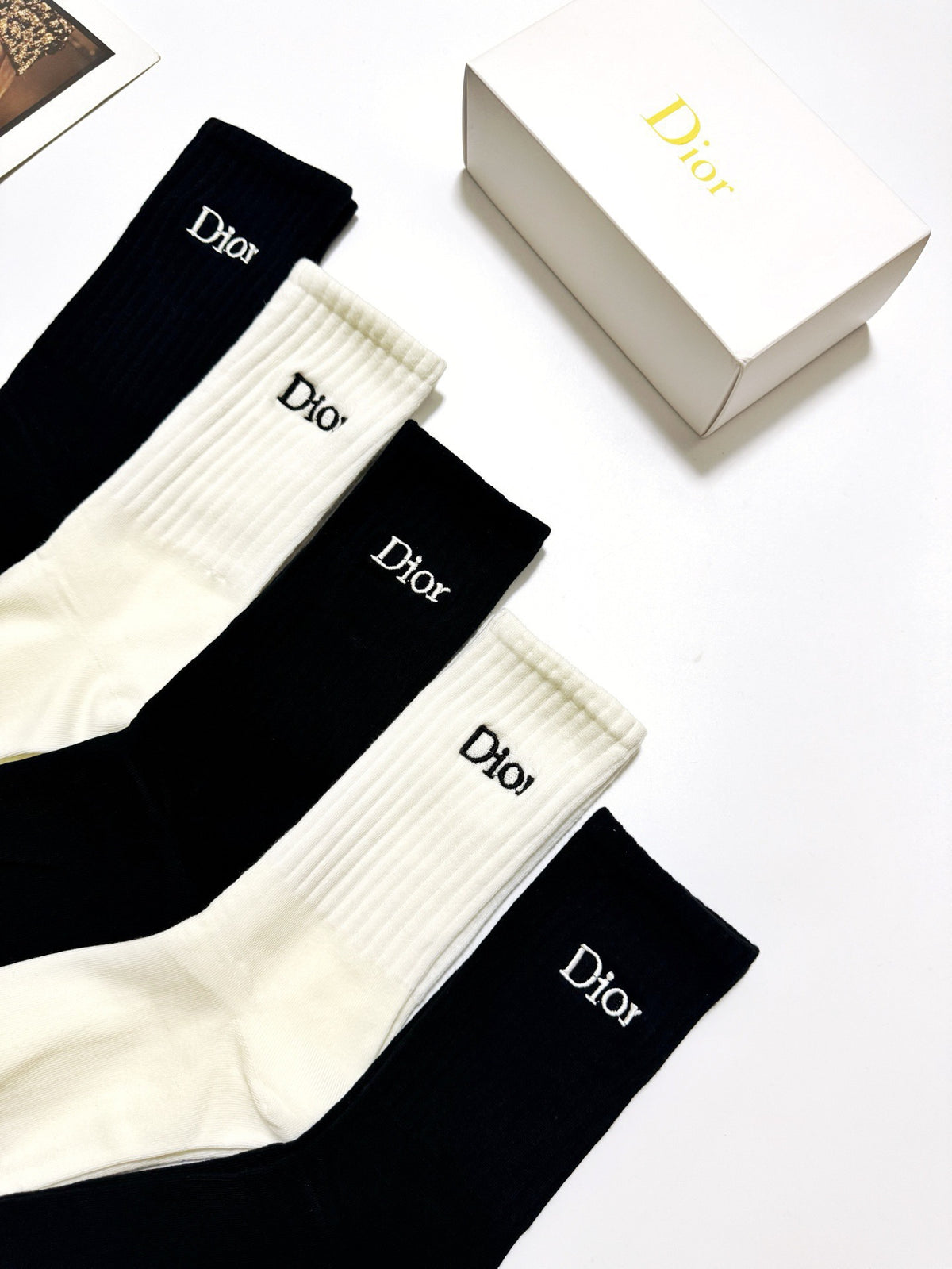 Dior Black Cream Plain Tall Wordmark Crew Socks, image 3