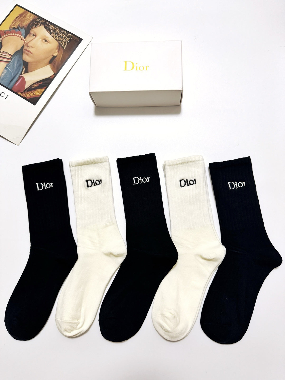 Dior Black Cream Plain Tall Wordmark Crew Socks, image 1