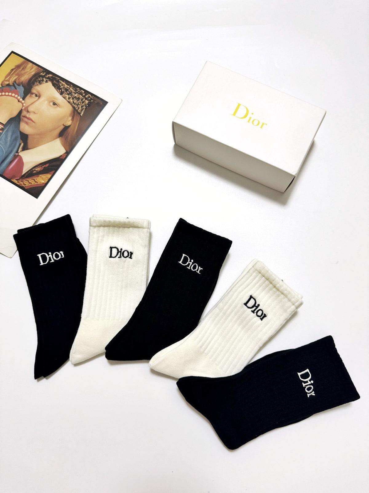 Dior Black Cream Plain Tall Wordmark Crew Socks, image 9