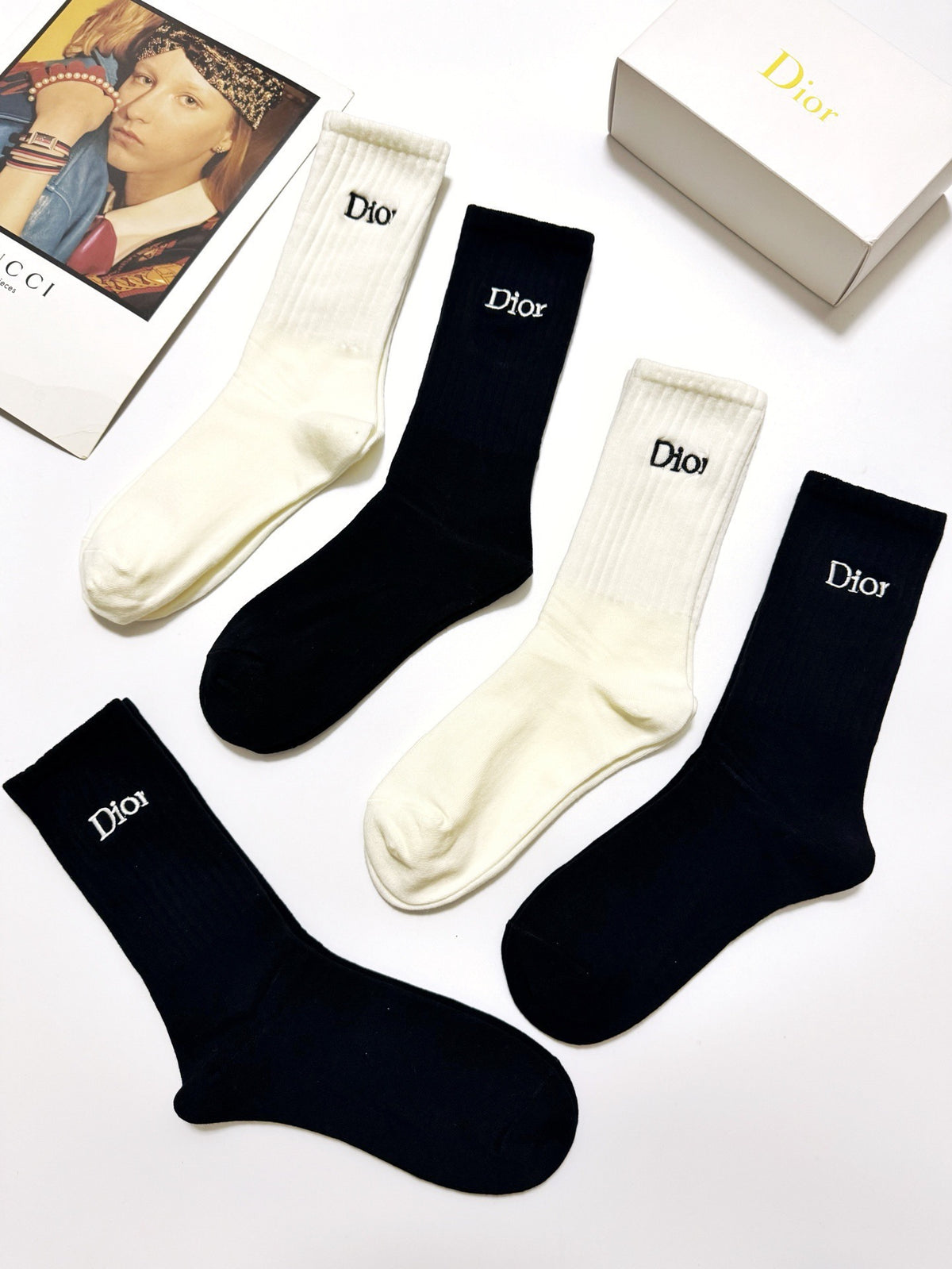 Dior Black Cream Plain Tall Wordmark Crew Socks, image 4