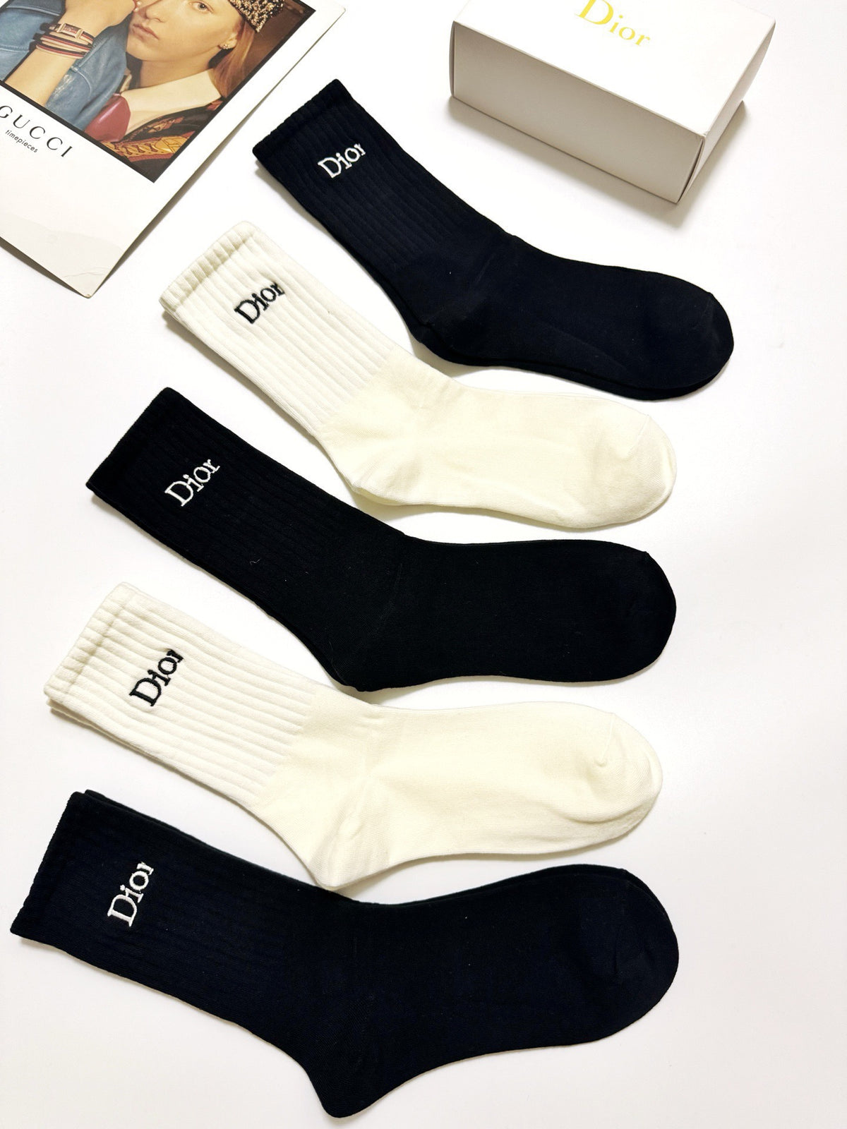 Dior Black Cream Plain Tall Wordmark Crew Socks, image 6