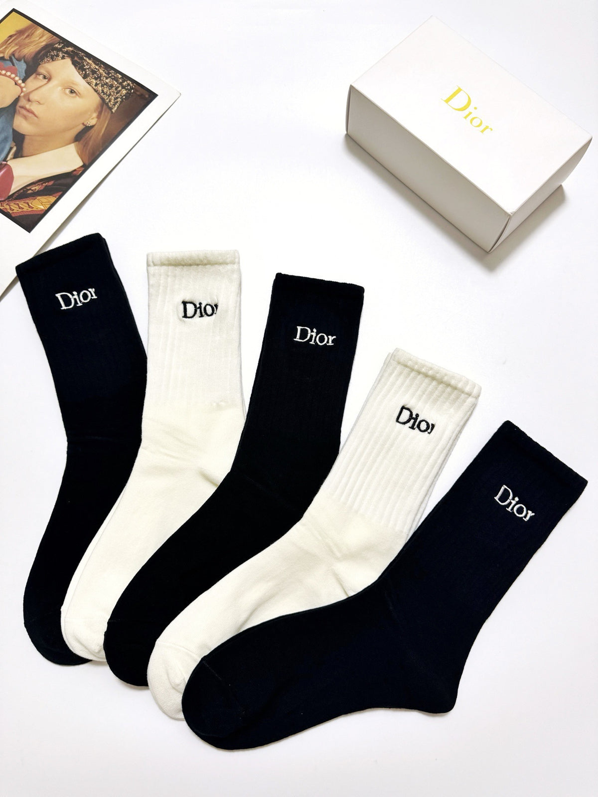 Dior Black Cream Plain Tall Wordmark Crew Socks, image 5
