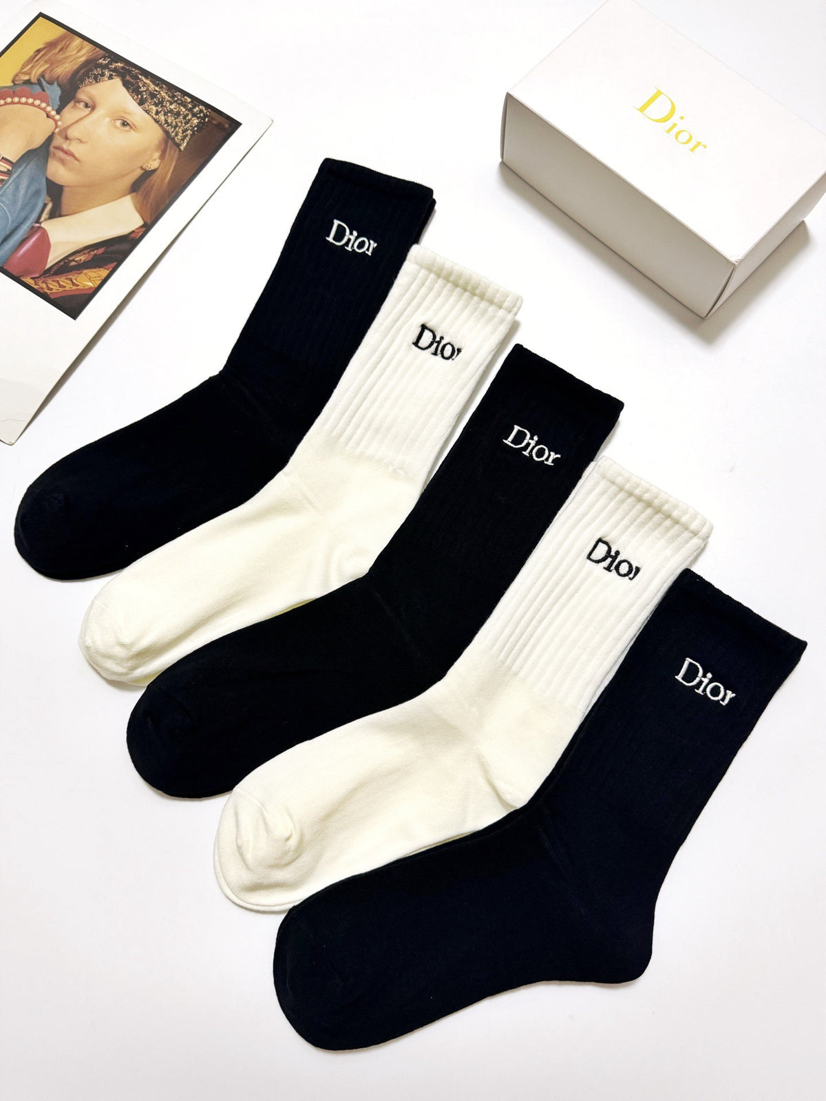 Dior Black Cream Plain Tall Wordmark Crew Socks, image 2