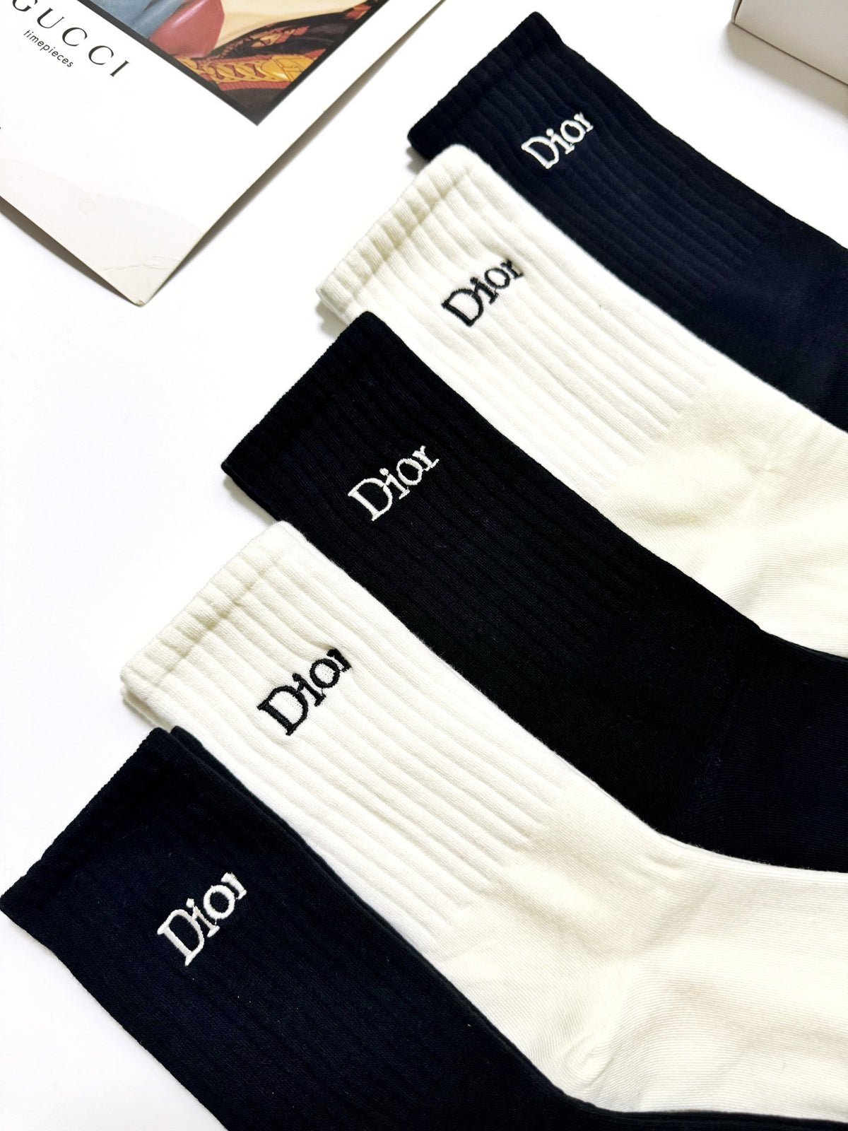 Dior Black Cream Plain Tall Wordmark Crew Socks, image 8