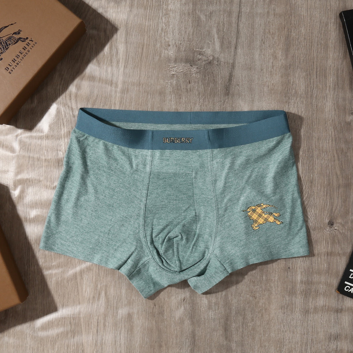 Burberry Teal Grey Brown Gold Waist Text Boxer Briefs, image 7