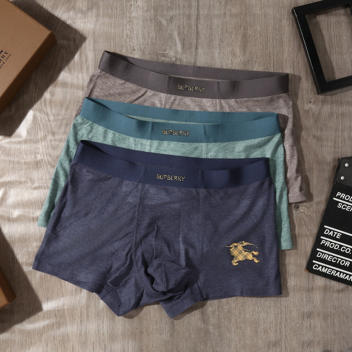 Burberry Teal Grey Brown Gold Waist Text Boxer Briefs, image 2