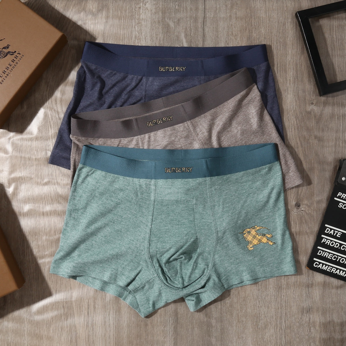Burberry Teal Grey Brown Gold Waist Text Boxer Briefs, image 3