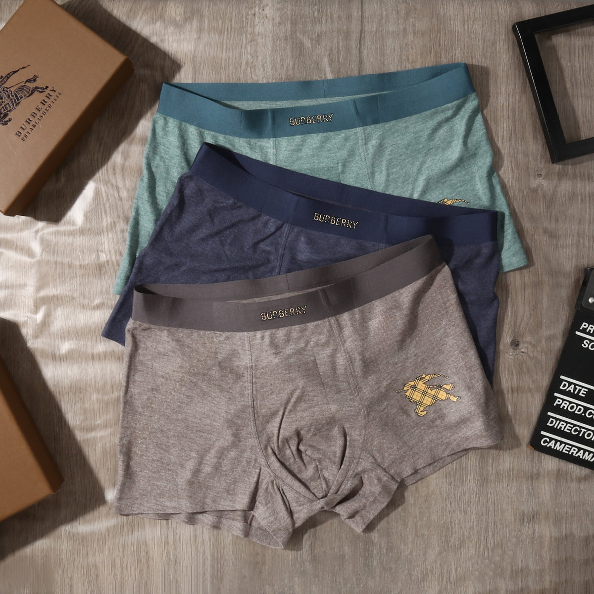 Burberry Teal Grey Brown Gold Waist Text Boxer Briefs, image 4