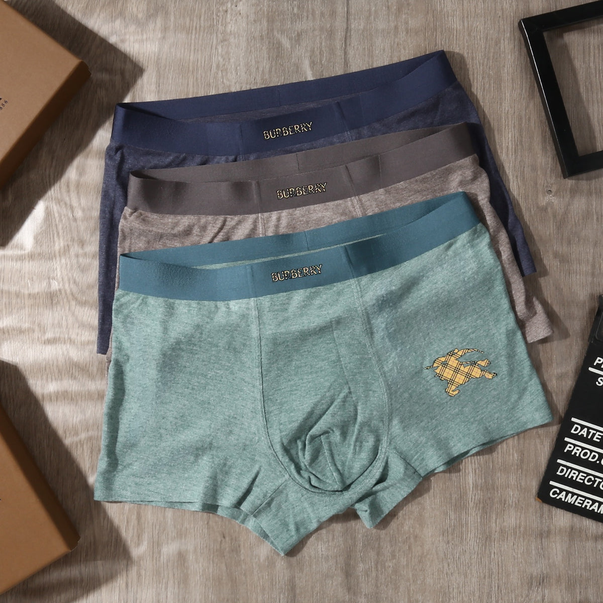 Burberry Teal Grey Brown Gold Waist Text Boxer Briefs, image 1