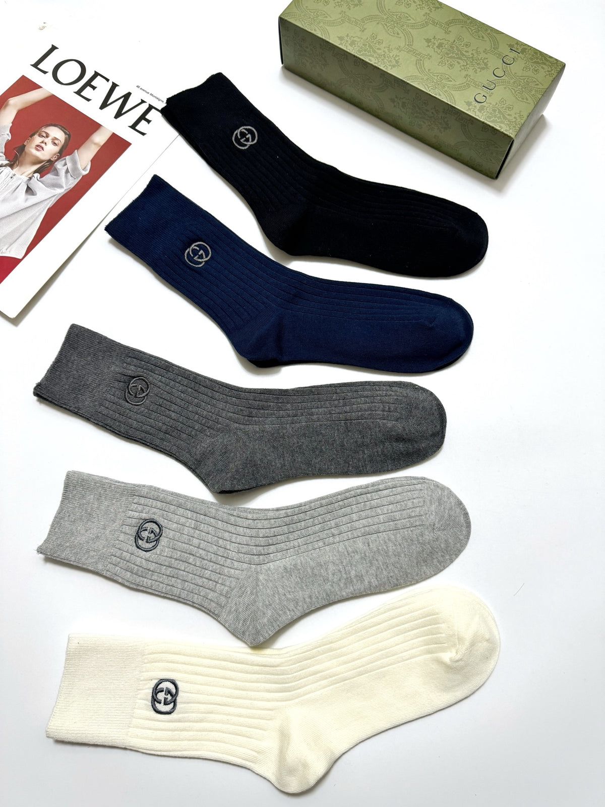 Gucci Navy Grey Cream Small Motifs Crew Socks, image 6