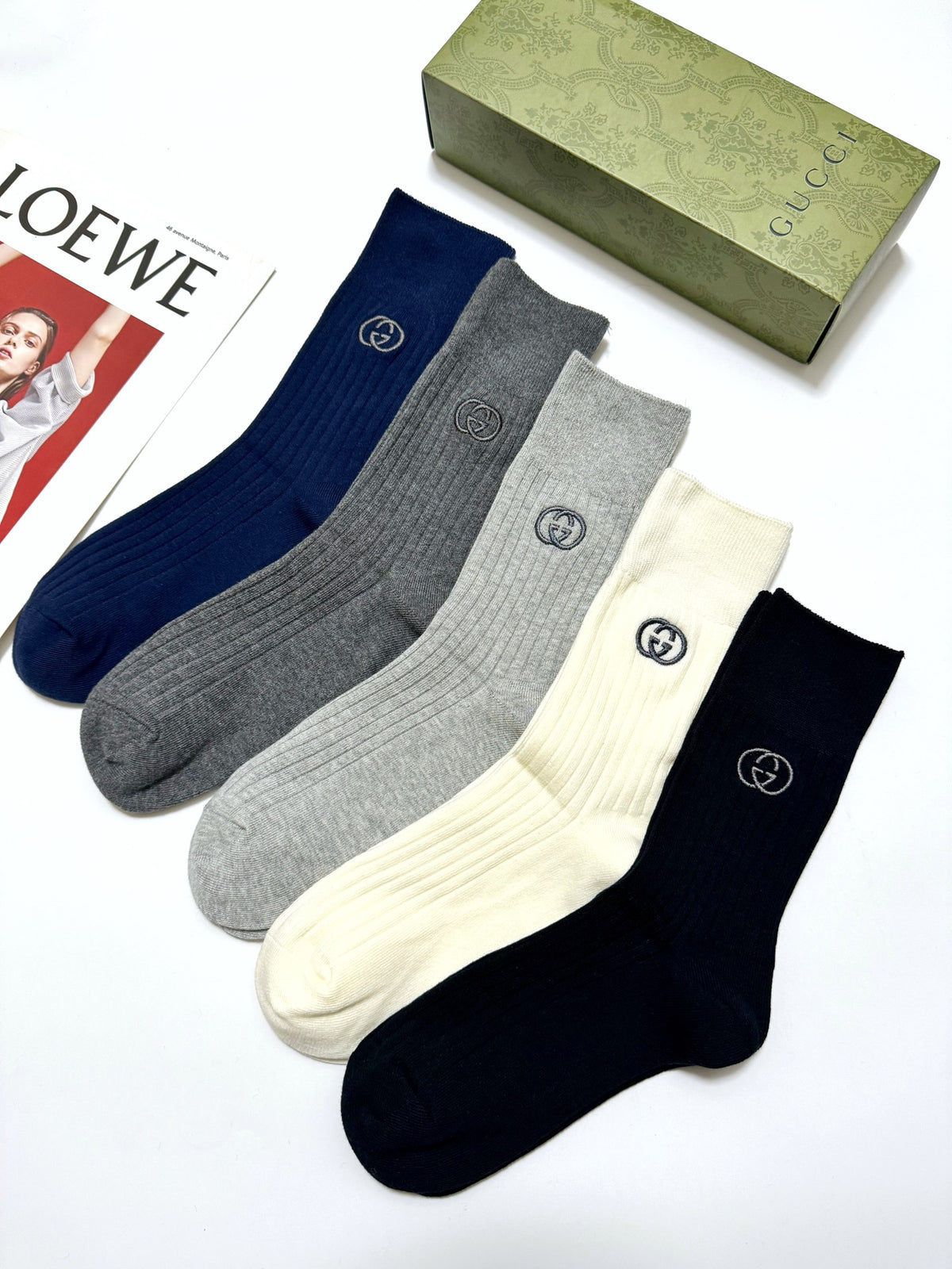 Gucci Navy Grey Cream Small Motifs Crew Socks, image 2