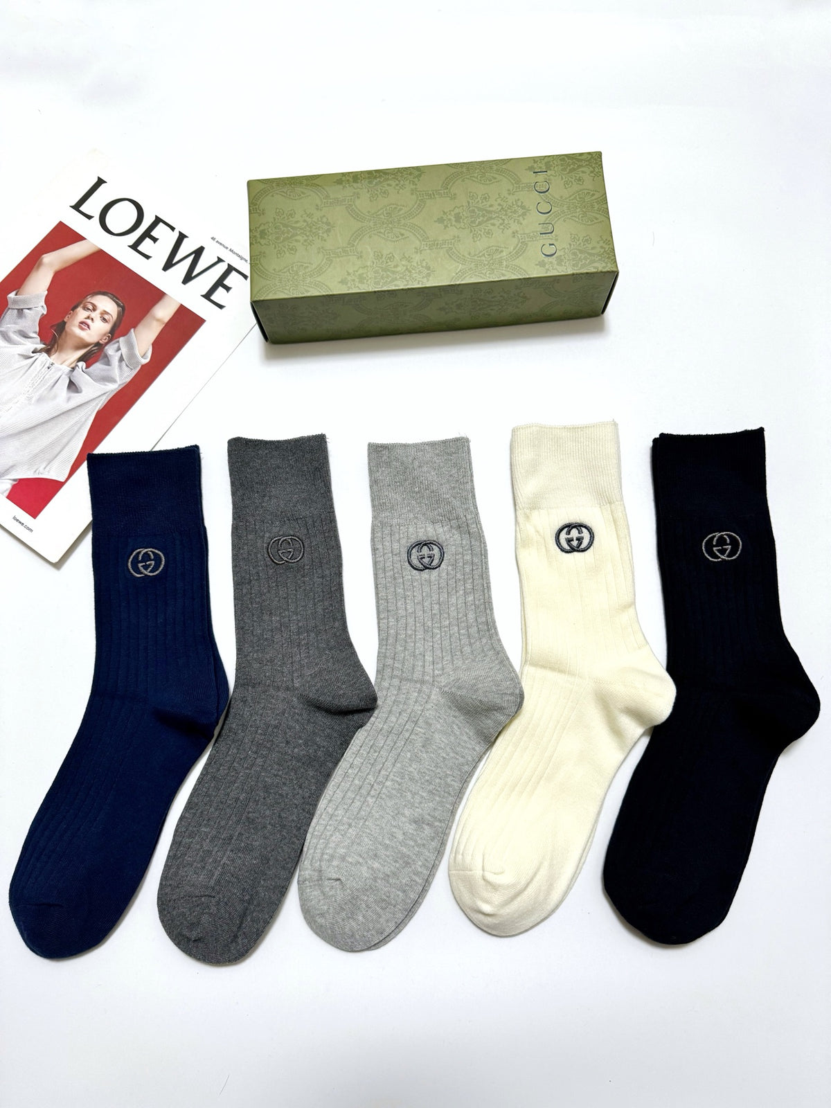 Gucci Navy Grey Cream Small Motifs Crew Socks, image 1
