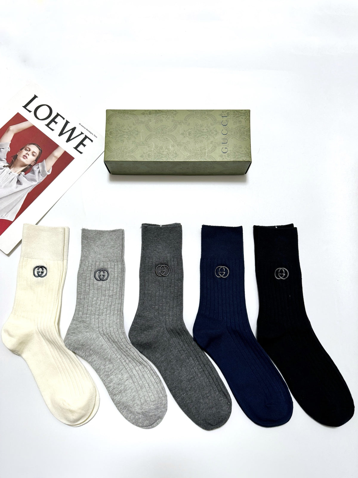 Gucci Navy Grey Cream Small Motifs Crew Socks, image 9