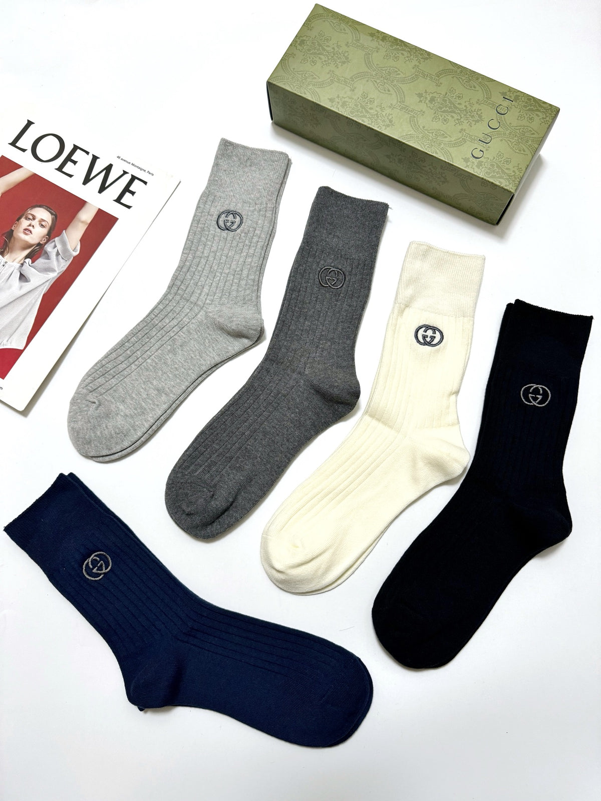 Gucci Navy Grey Cream Small Motifs Crew Socks, image 4
