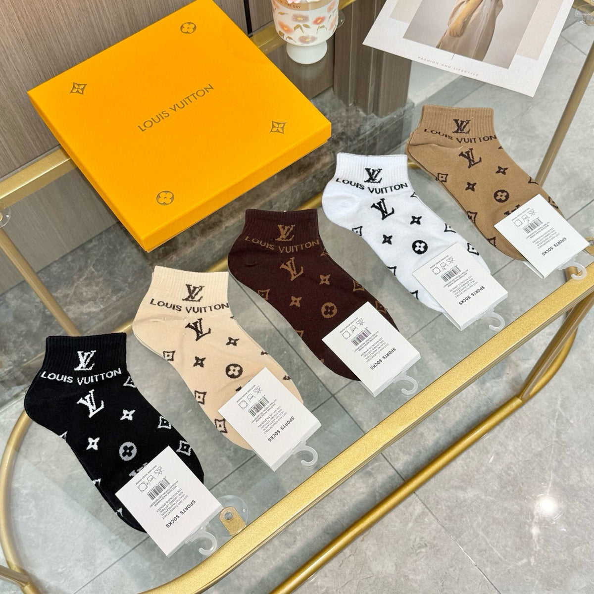 Louis Vuitton Earthy Black White Repeating Motifs Crew Socks, image 6