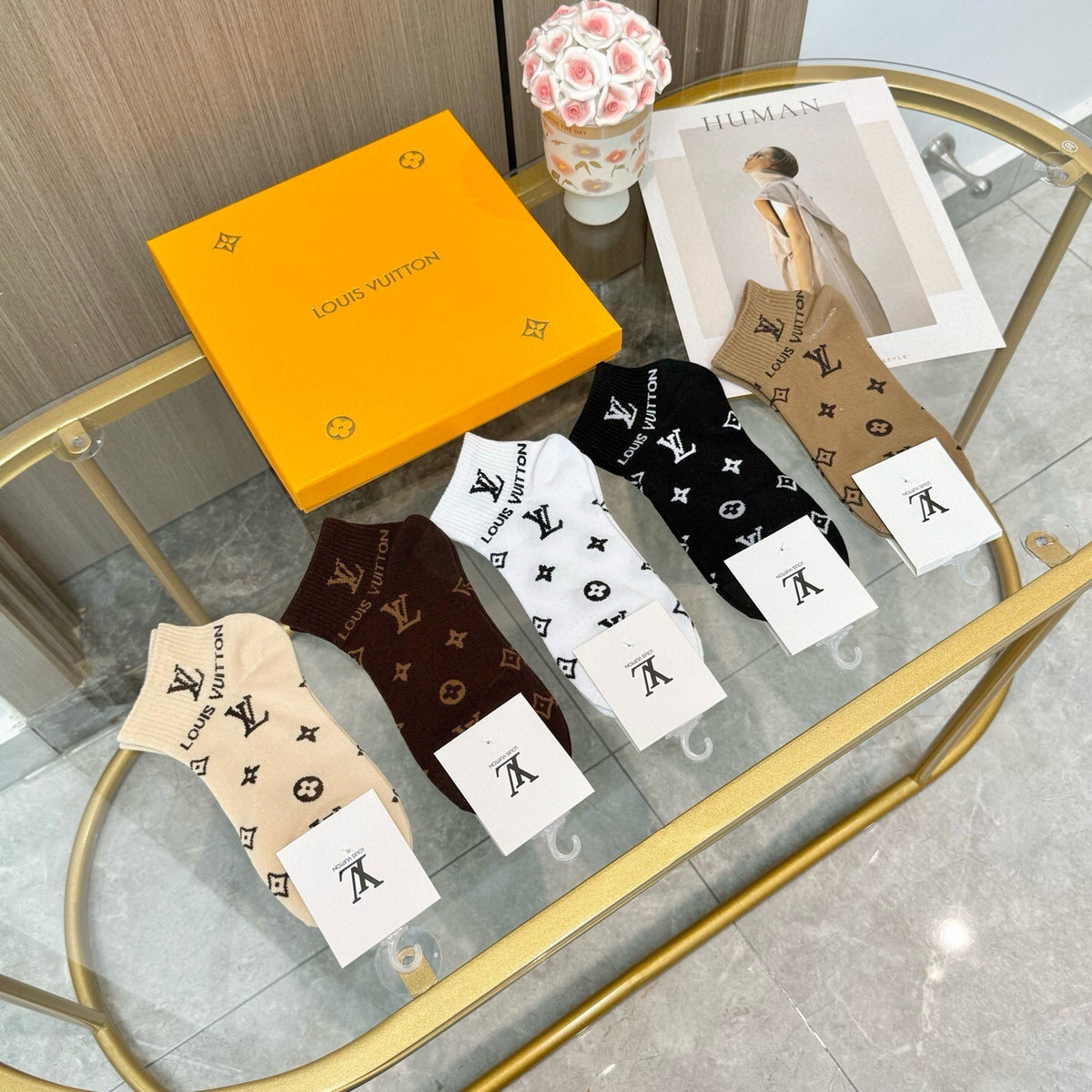 Louis Vuitton Earthy Black White Repeating Motifs Crew Socks, image 1