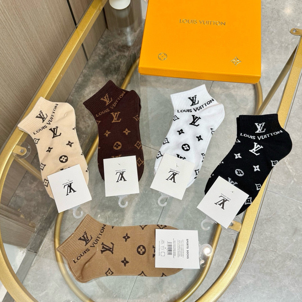 Louis Vuitton Earthy Black White Repeating Motifs Crew Socks, image 3